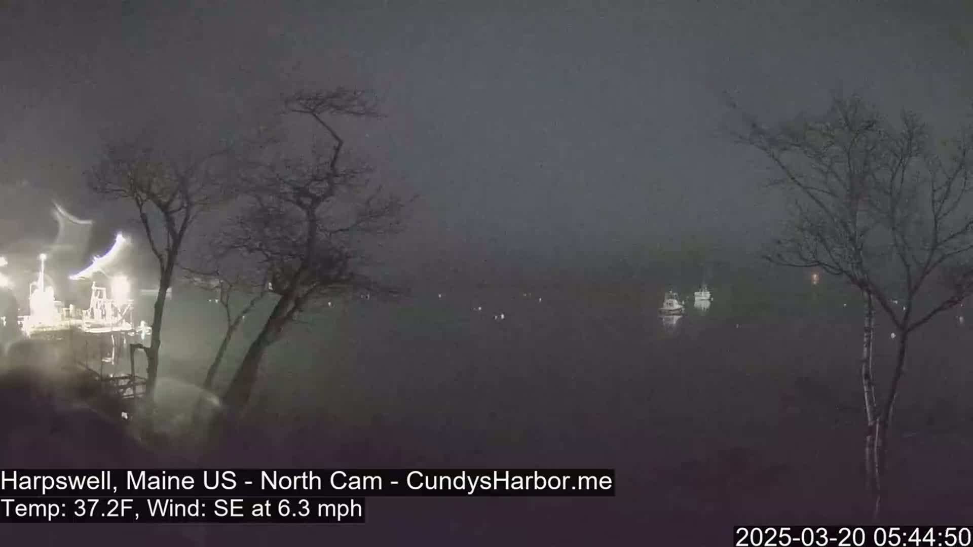 A nighttime view of a foggy body of water with a few boats visible in the distance,  bare trees in the foreground, and a structure with lights on the left.
