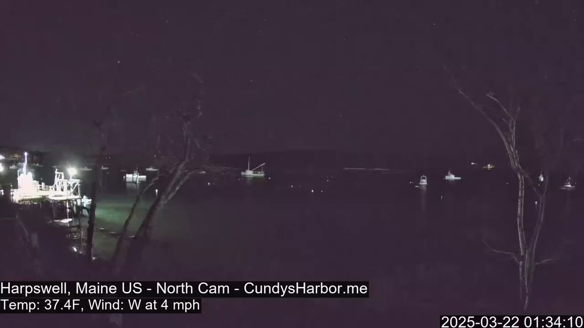 Several boats are moored in a dark harbor at night under a clear, starry sky, with a gentle westerly wind.