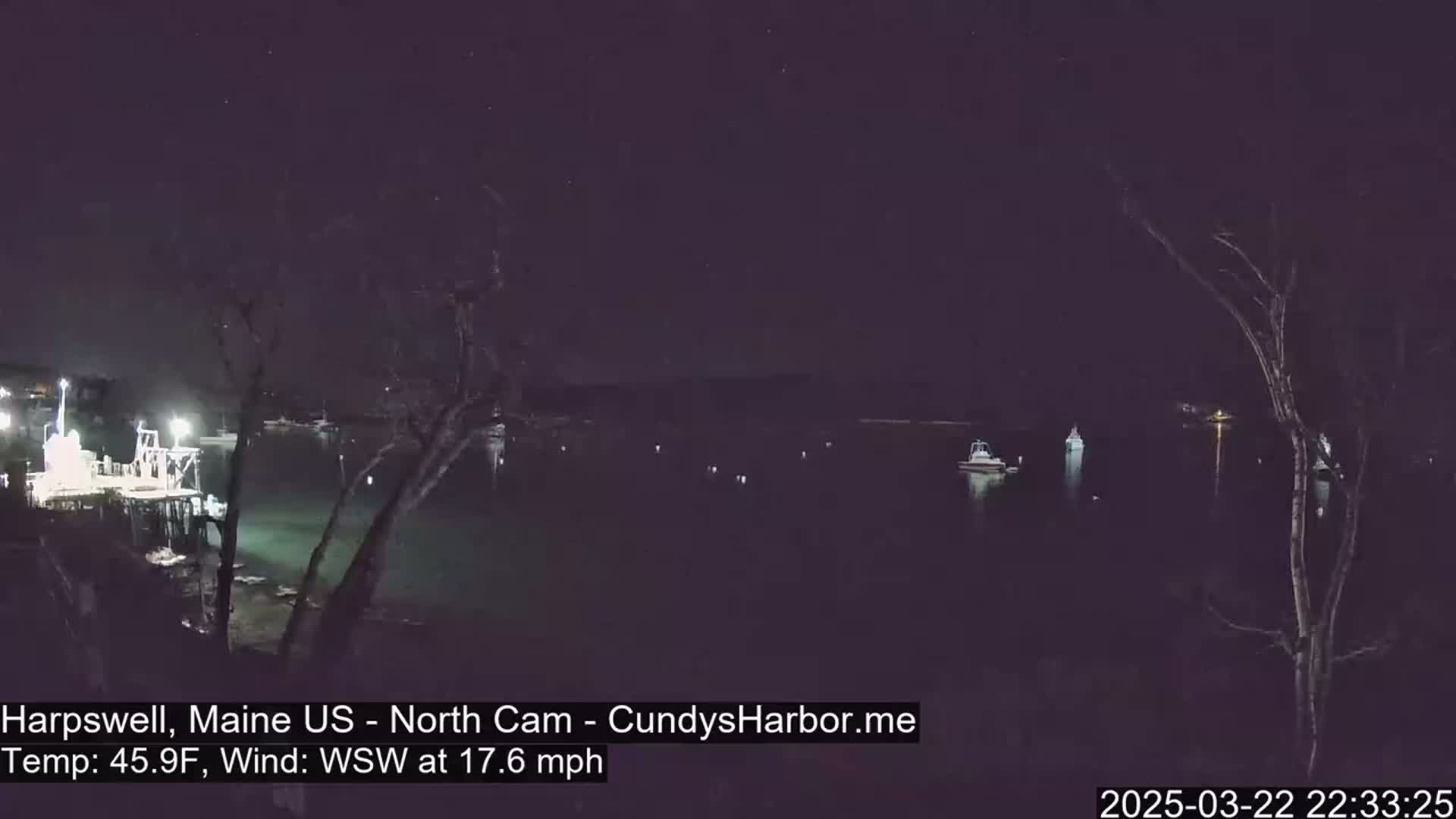 A nighttime view of a harbor with several boats, a dock, and trees under a dark, clear sky with a WSW wind.