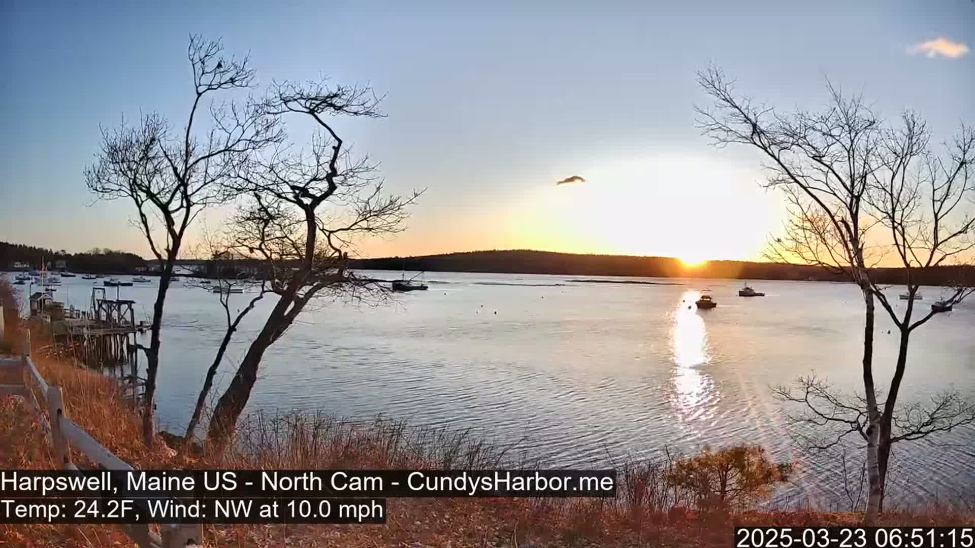 A calm body of water with several boats is seen at sunset under a clear sky, with bare trees in the foreground and a 10 mph northwest wind.