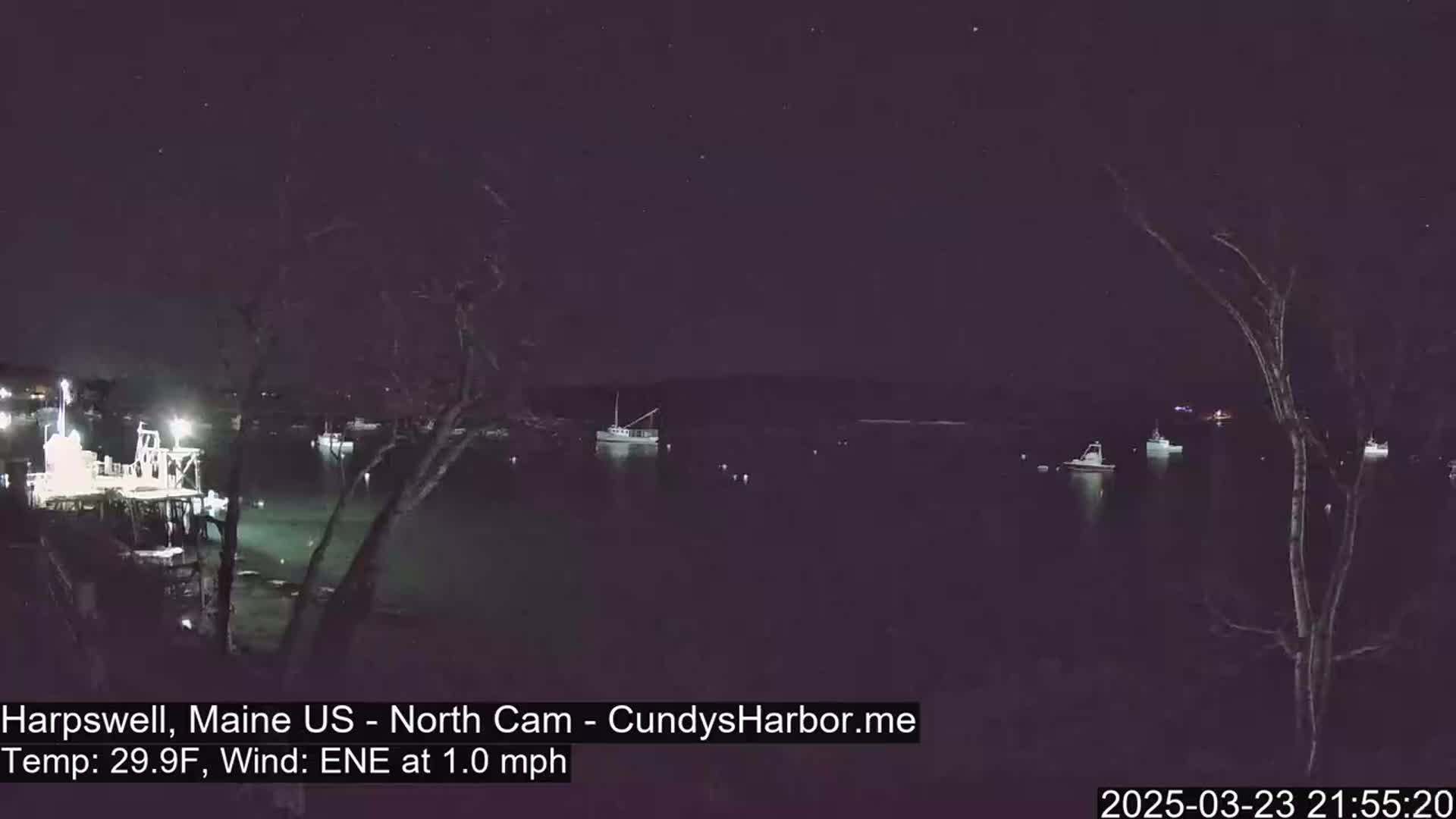 Several boats are moored in a dark harbor at night under a clear, starry sky with a light east-northeast wind.