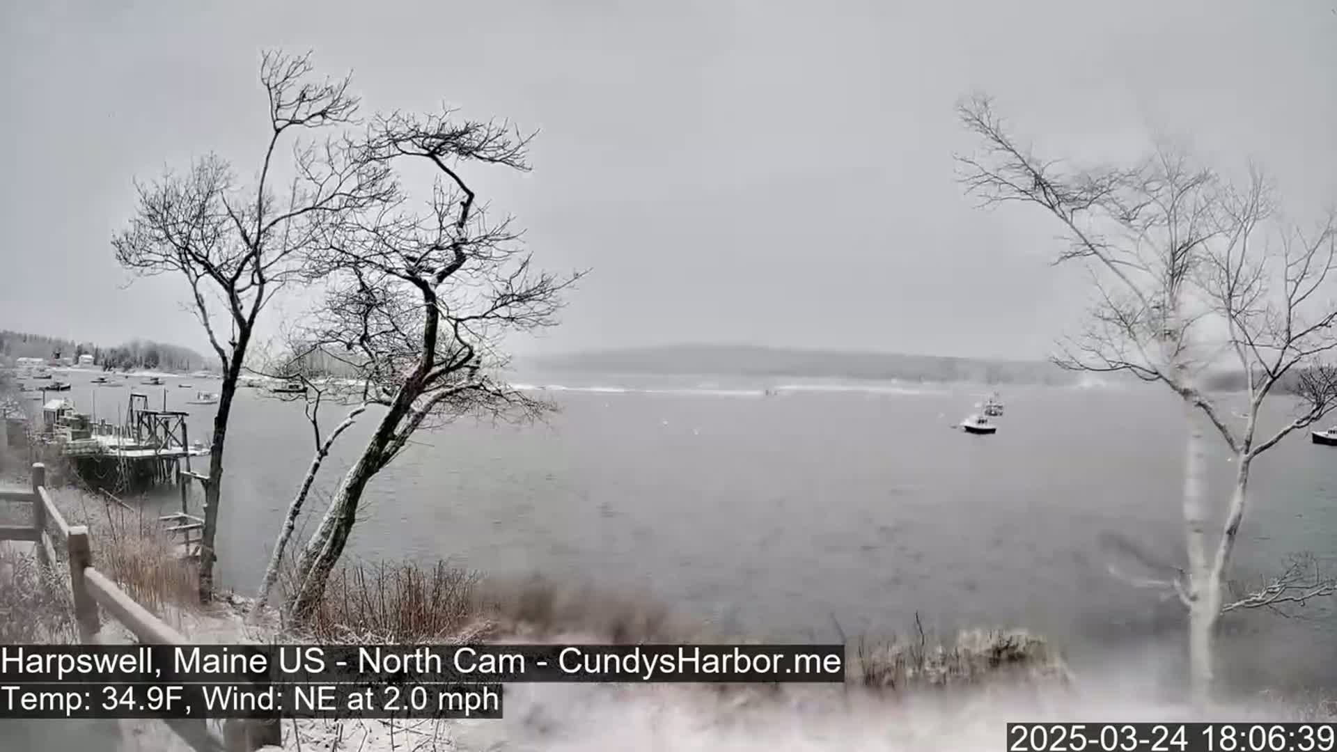 Snow falls on a calm body of water, viewed from a snow-covered shoreline with bare trees and a few boats visible in the distance.