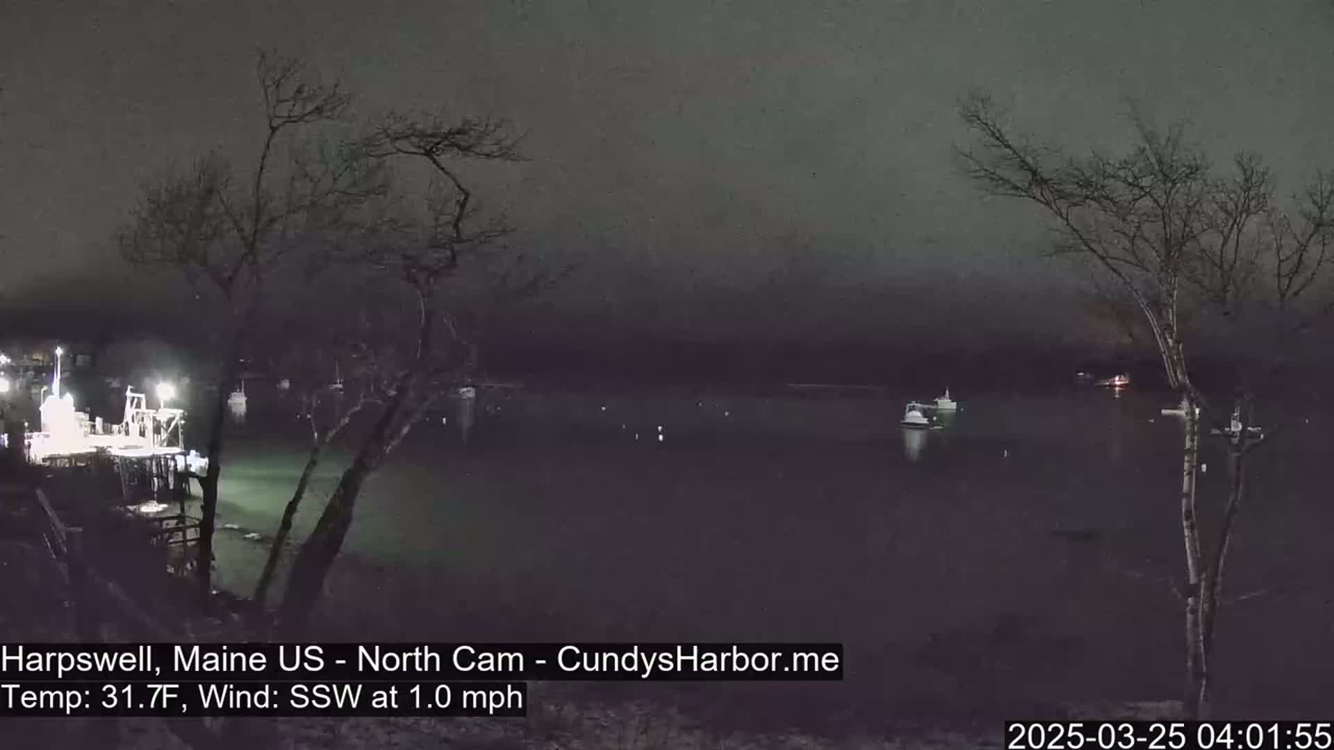 A nighttime view of a calm harbor with several boats, viewed from a dock, under a dark, overcast sky with a slight south-southwesterly wind.
