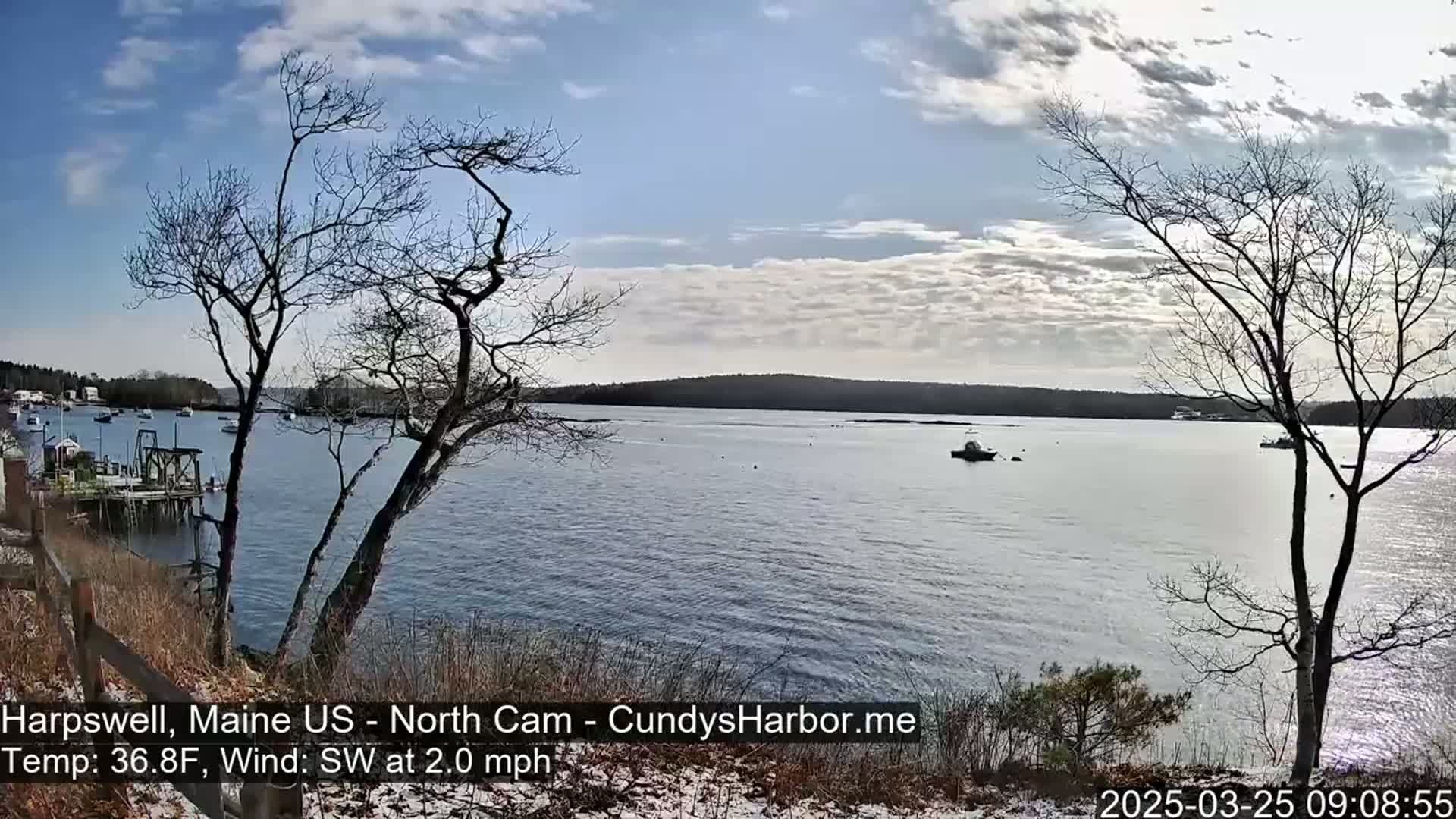 A calm, partly cloudy day shows a view of a bay with several boats,  bare trees, and a bit of snow on the ground.