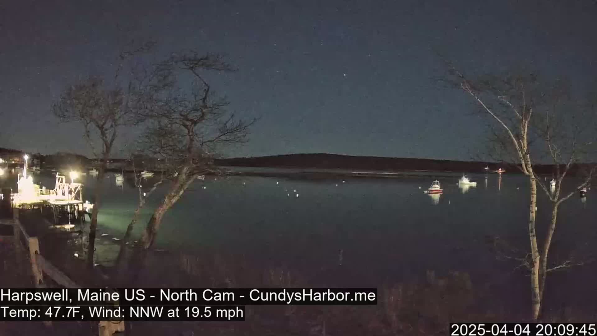 Under a clear, dark night sky, several boats are moored in a calm body of water near a dock, with bare trees in the foreground and a gentle NNW wind blowing at 19.5 mph.