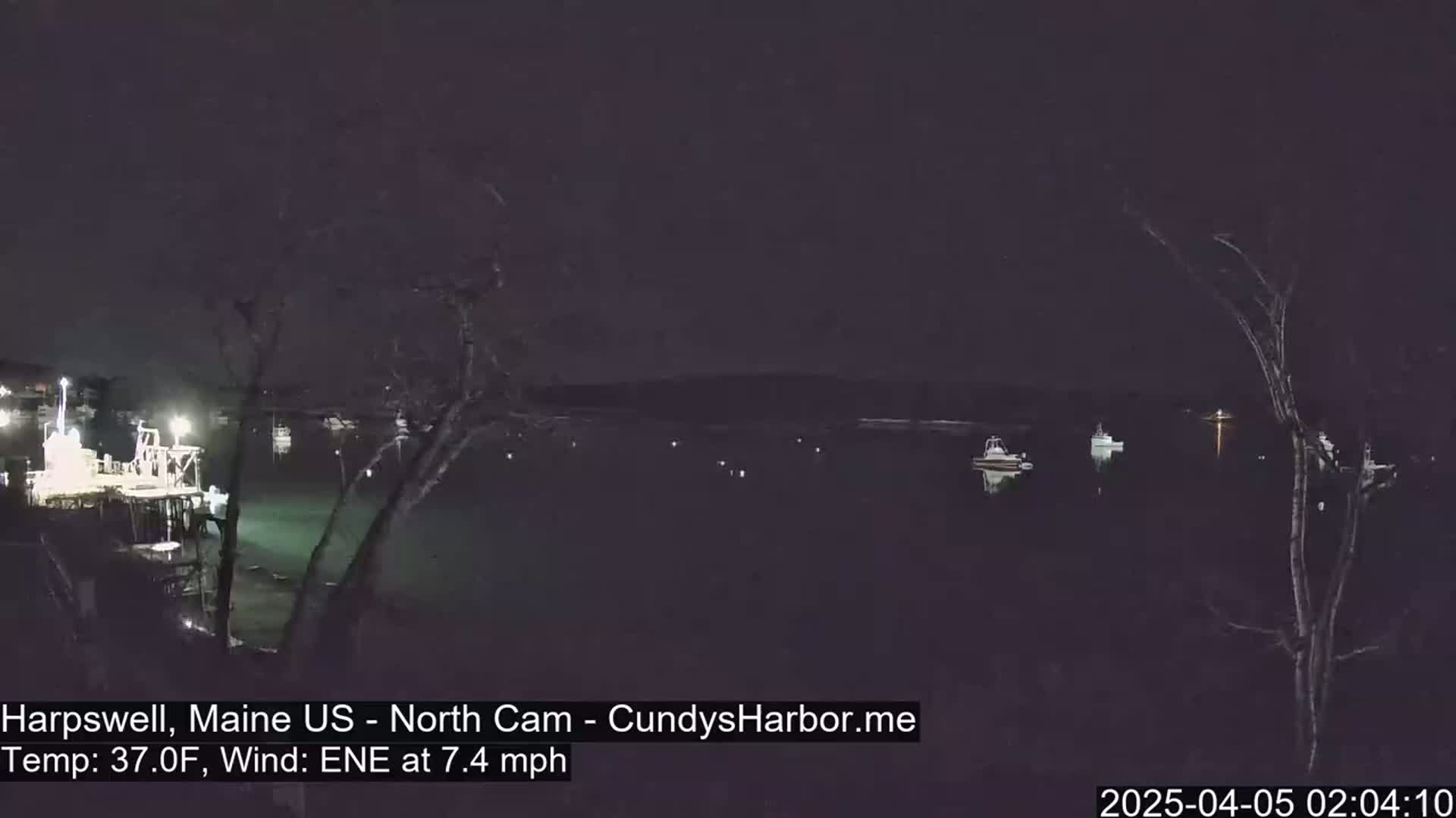 A nighttime view of a dark harbor with several boats moored, under a clear, dark sky, with a gentle easterly wind.