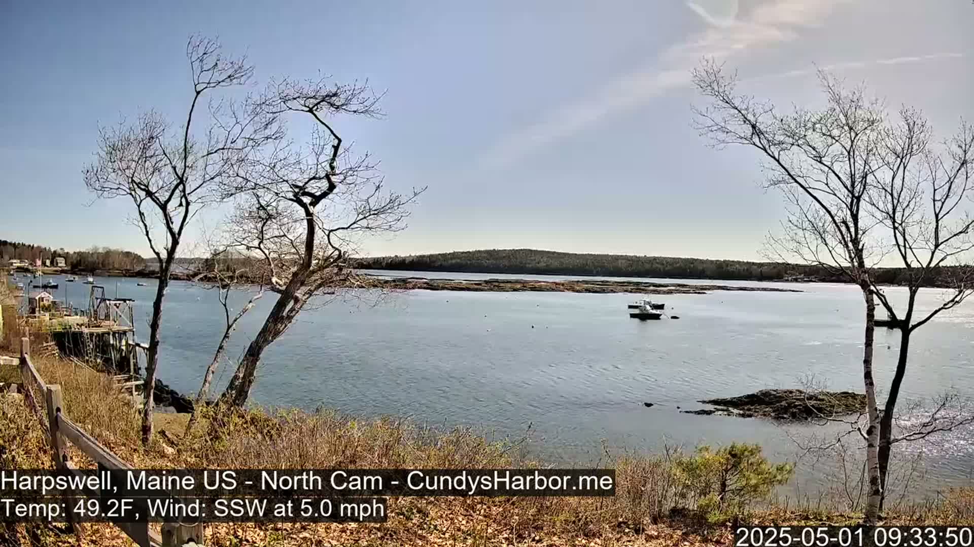 A calm, sunny day overlooks a body of water with a few boats, barren trees, and a rocky shoreline.