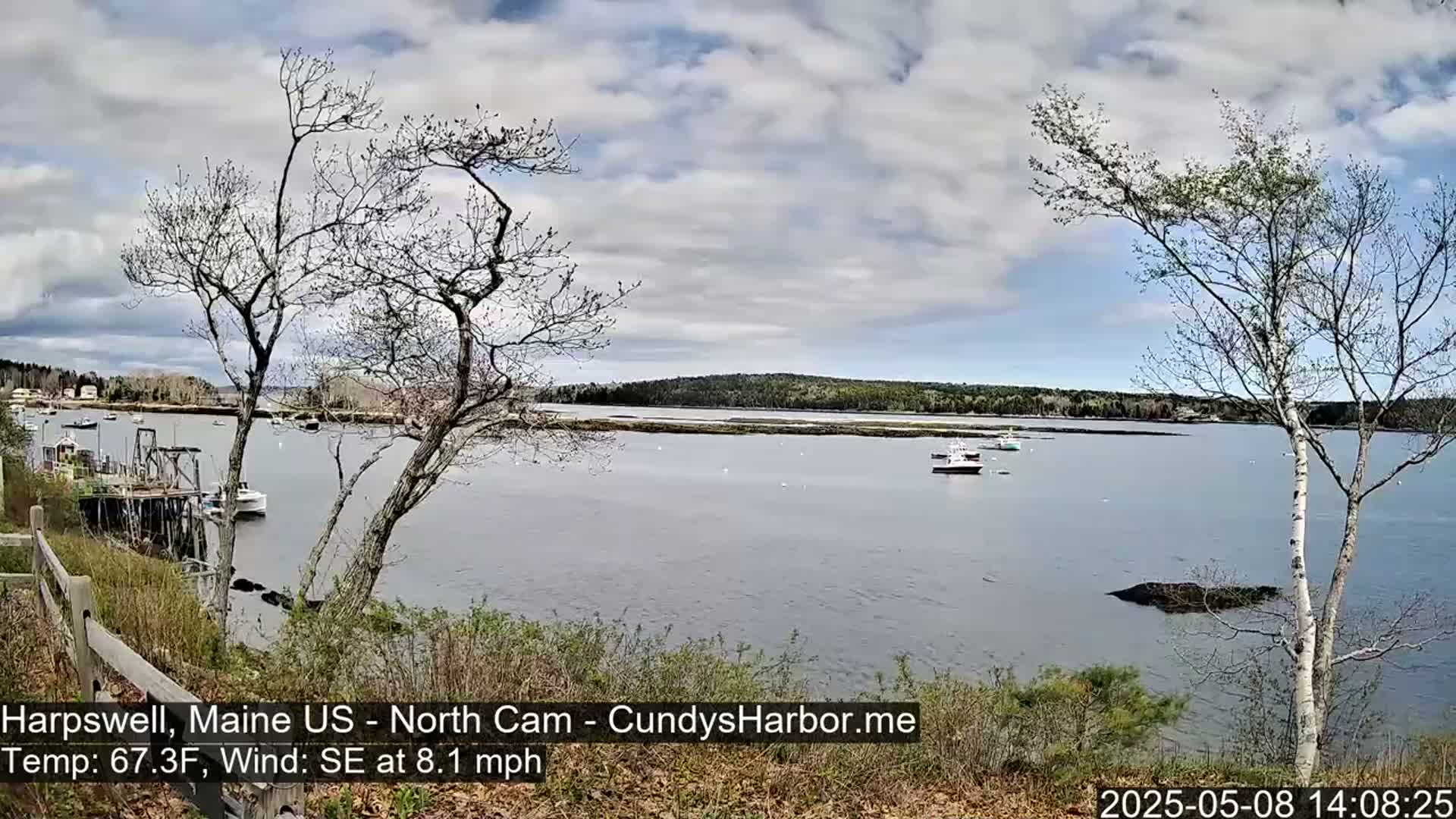 A partly cloudy day reveals a tranquil harbor scene with several boats, viewed from a shoreline with leafless trees and a wooden fence.