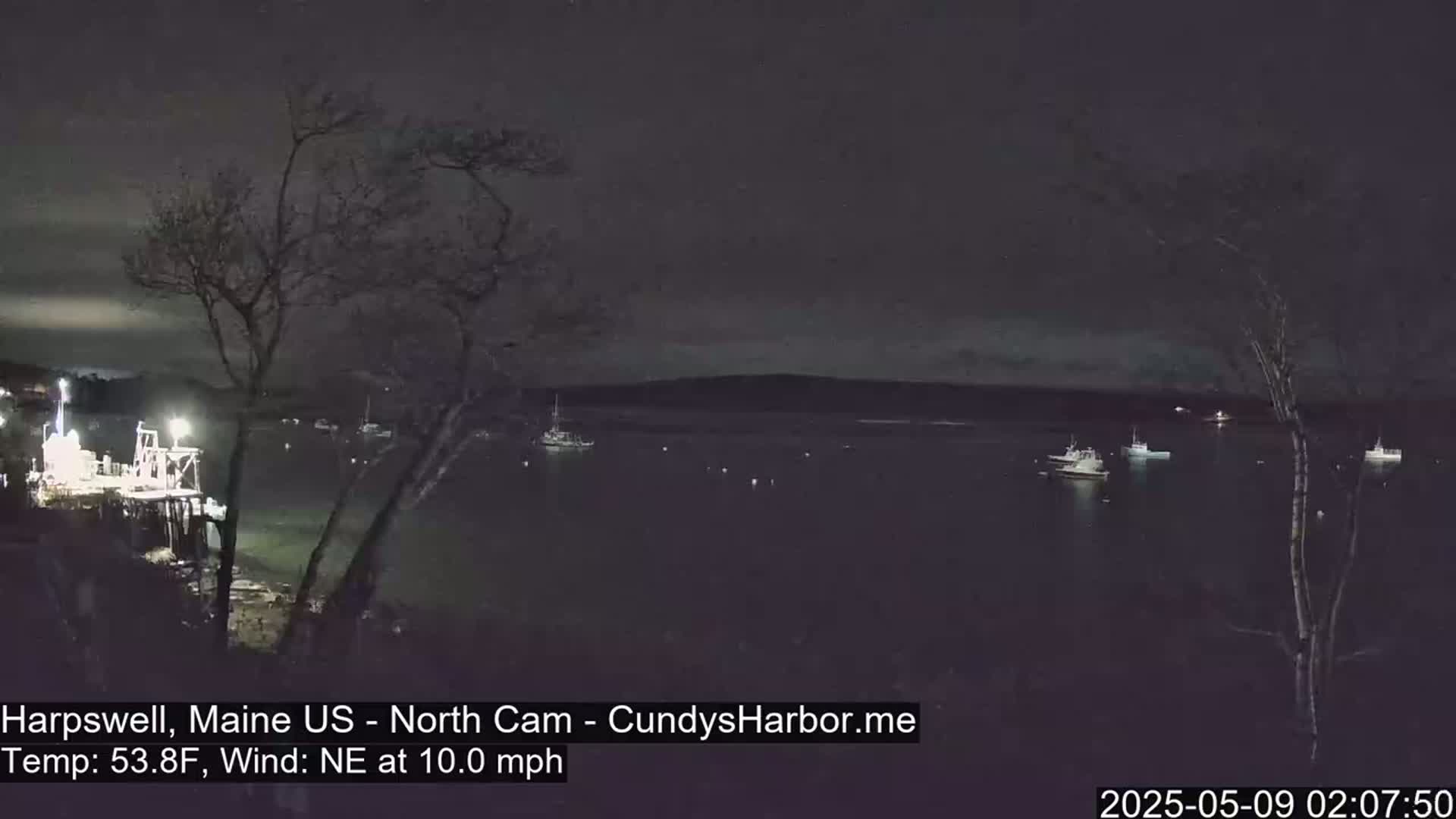 A nighttime view of a harbor with several boats, a dock, and bare trees under a dark sky with a northeast wind.