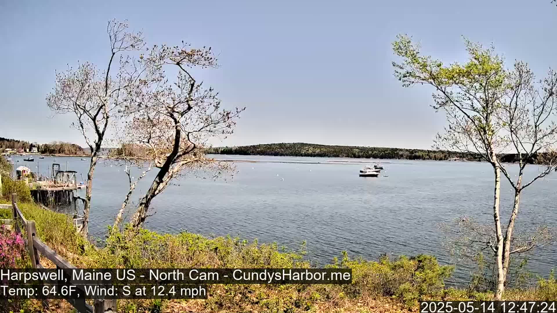 A tranquil waterfront scene shows a calm bay with several boats, under a clear blue sky and a gentle south wind.