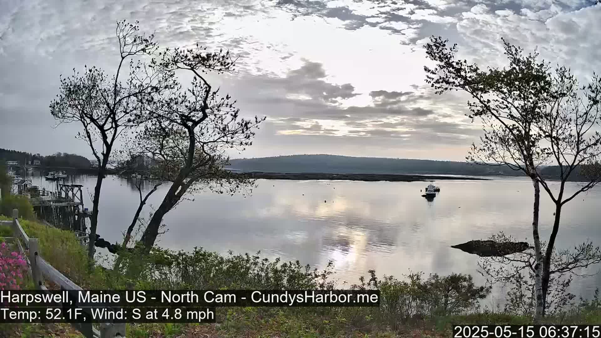 A calm body of water reflects a cloudy, pale sky under which boats are moored near a shoreline with leafless trees.
