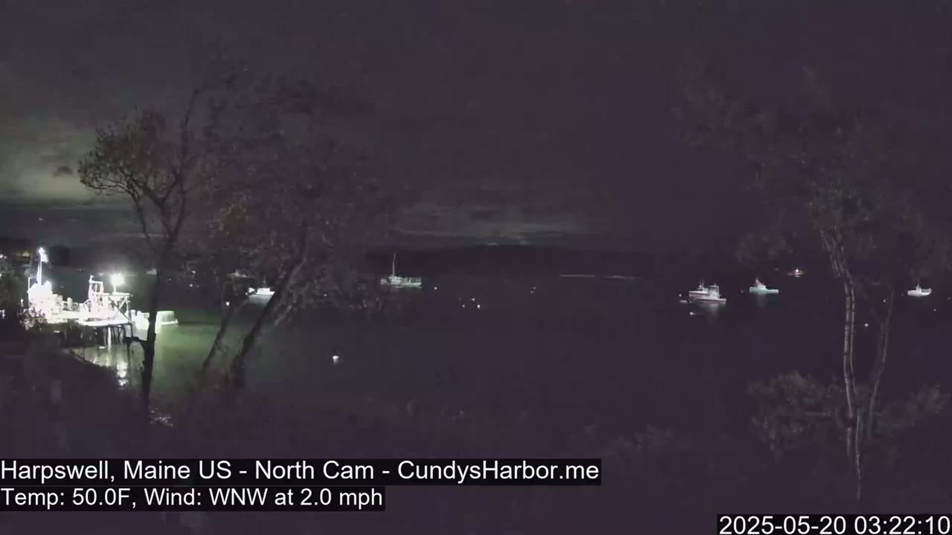 Several boats are moored in a dark harbor at night under a mostly clear sky with a 2 mph wind.