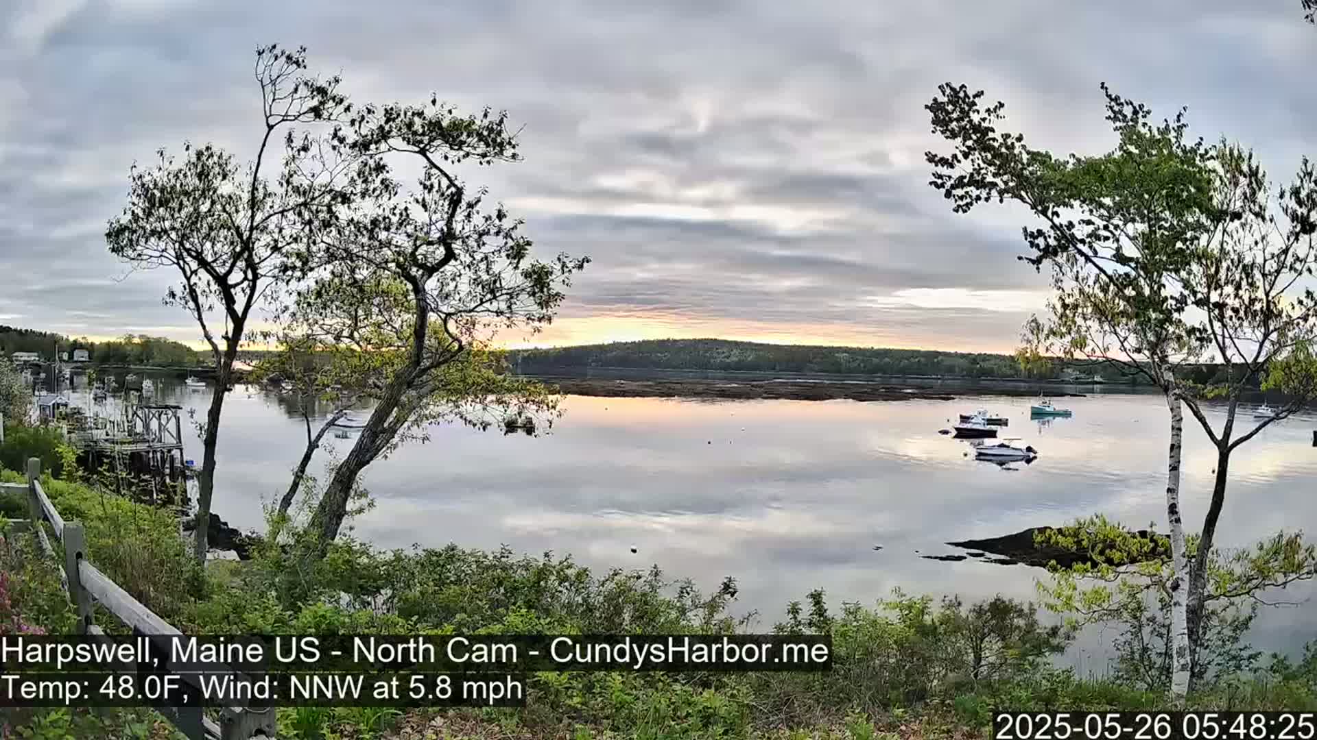 A calm body of water reflects a pale sunrise under a mostly cloudy sky, with several small boats moored in the bay, and trees bordering the shoreline.