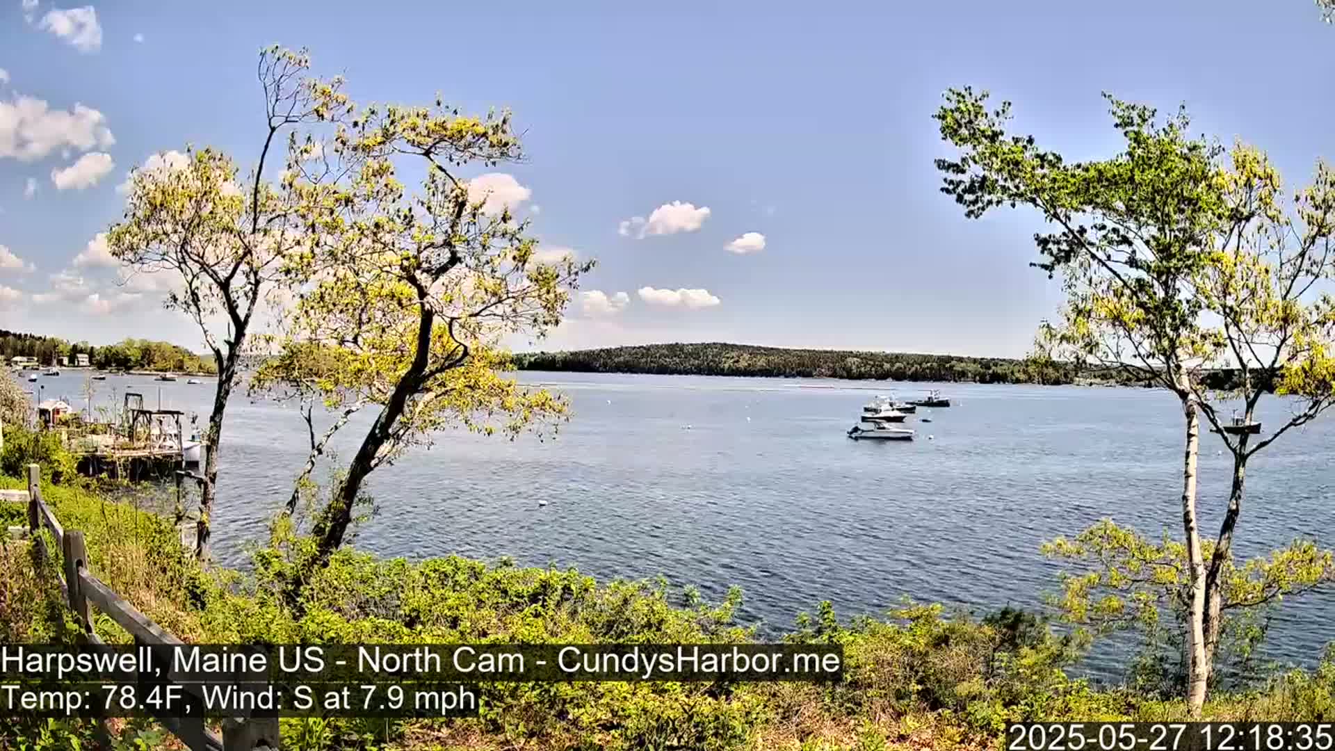 A calm body of water with several boats is visible from a slightly elevated vantage point on a sunny day with a light south wind, partially obscured by trees.