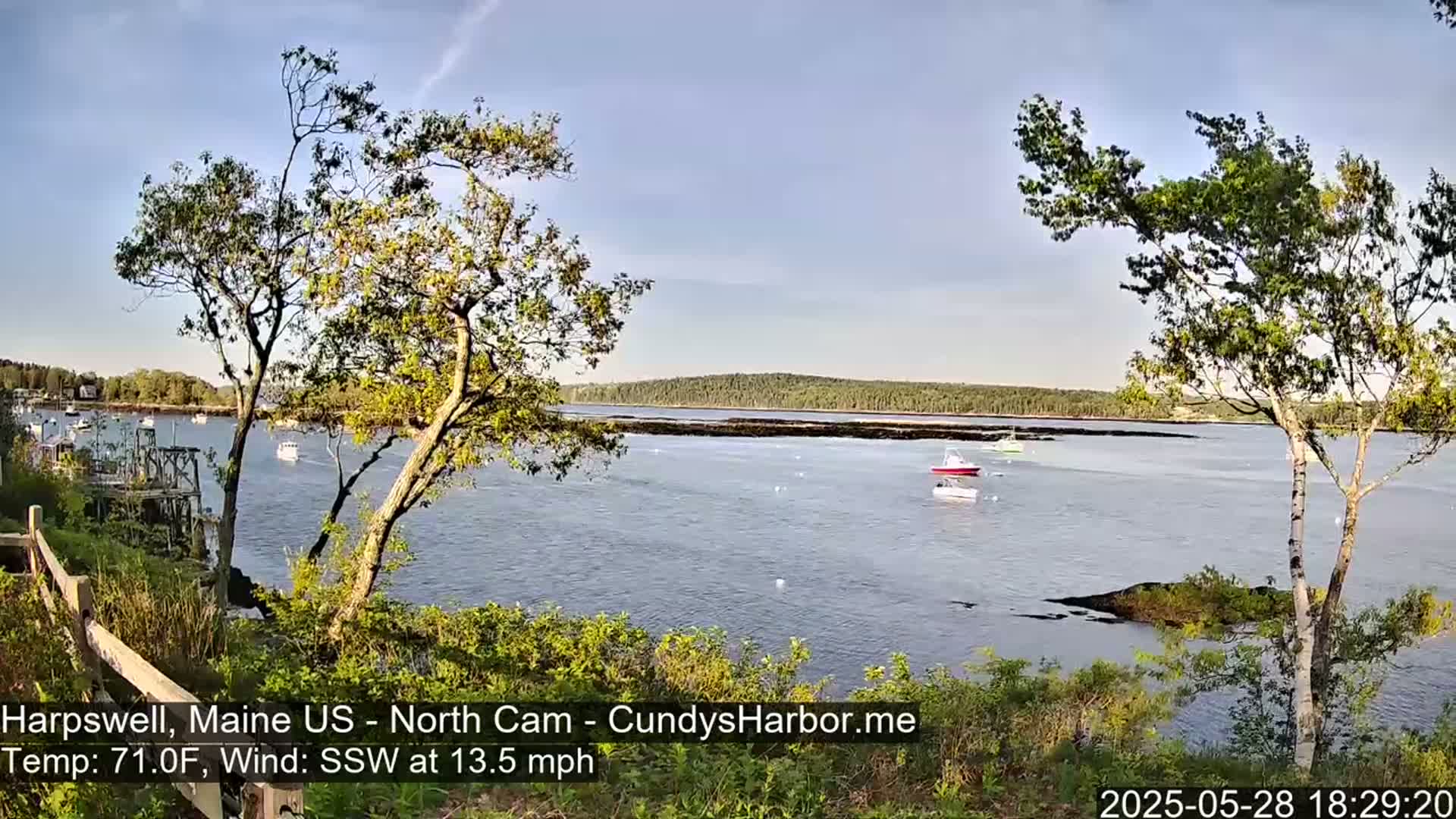 A calm body of water with several small boats is viewed from a shoreline with trees and a wooden fence, under a partly sunny sky.