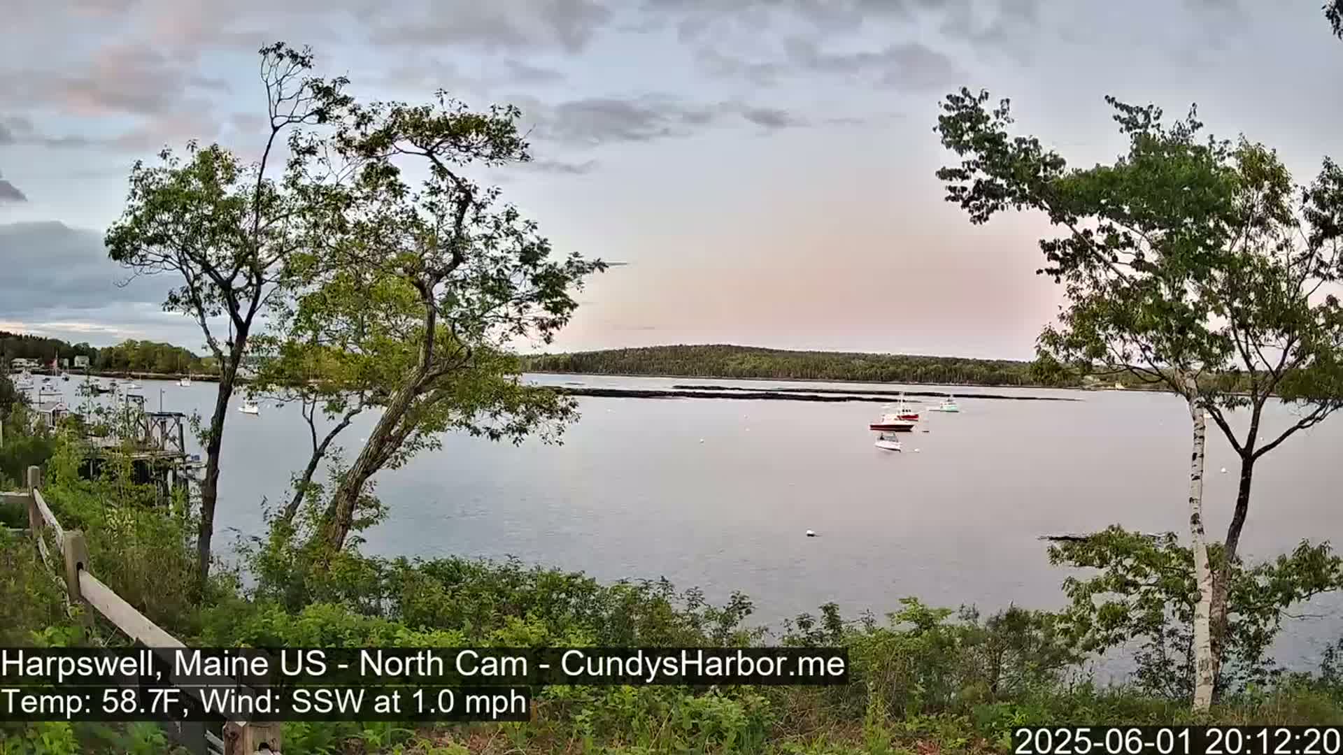 A tranquil body of water with several boats is seen from a vantage point on a slightly overcast evening, with trees framing the view and a gentle wind blowing from the south-southwest.