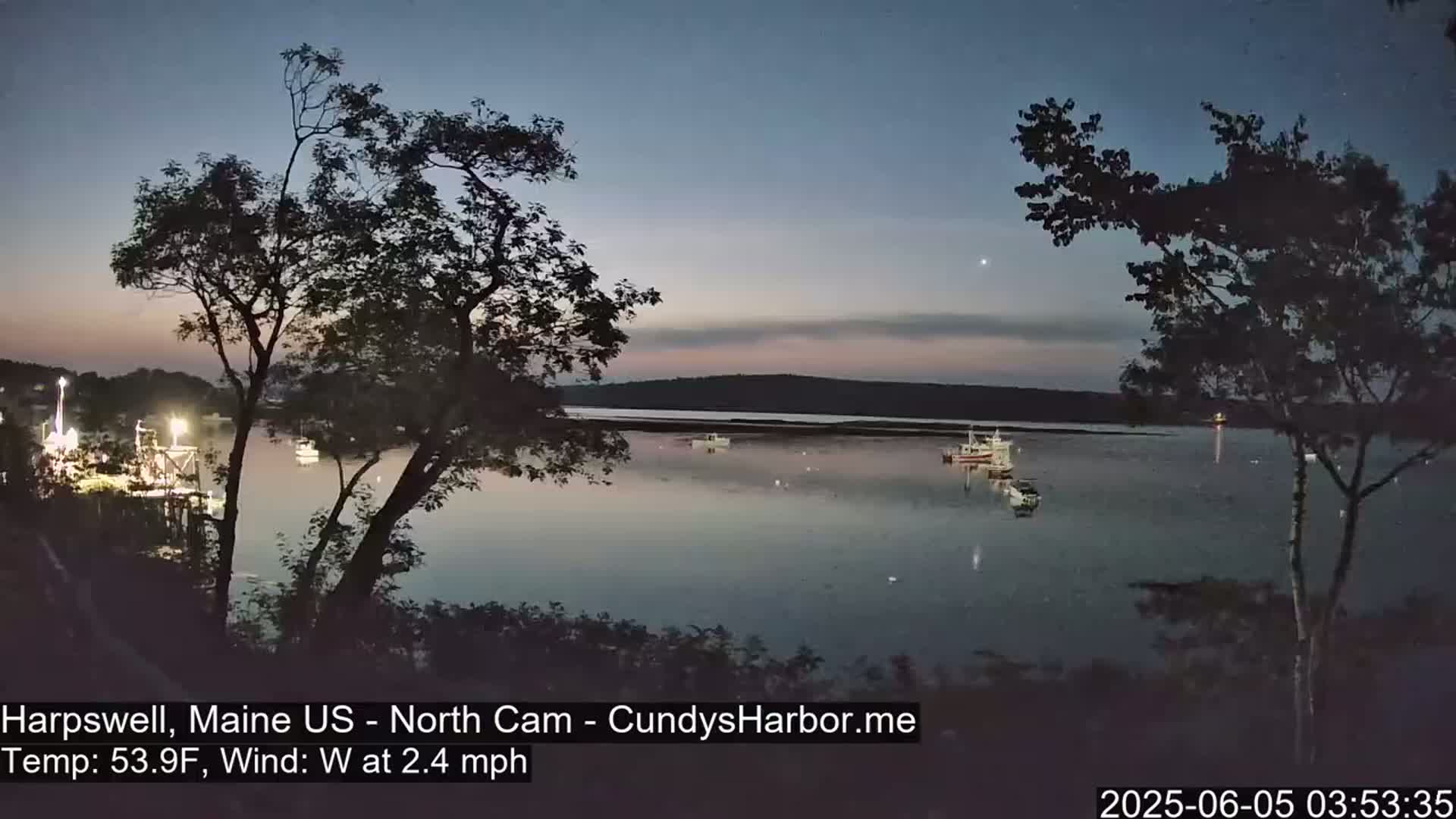 Several boats are moored in a calm body of water at dusk, under a mostly clear sky, with trees silhouetted in the foreground.