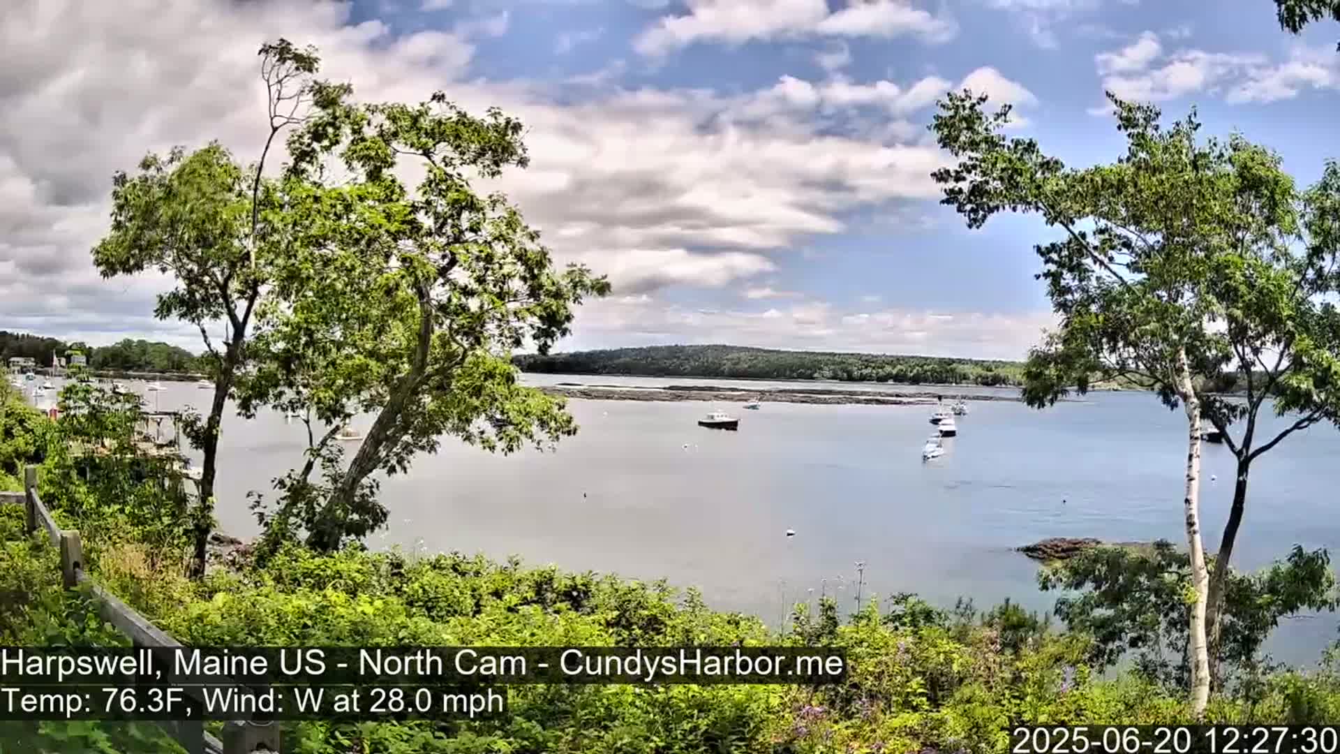 A calm bay with several boats is seen from a high vantage point on a partly cloudy day with a westerly wind.