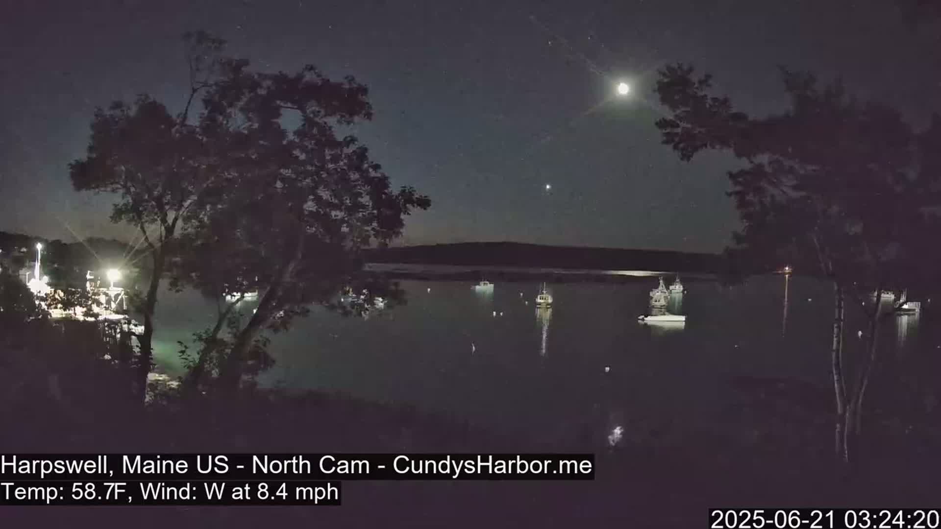 A nighttime view of a calm harbor with several boats, under a moonlit sky with a light wind.
