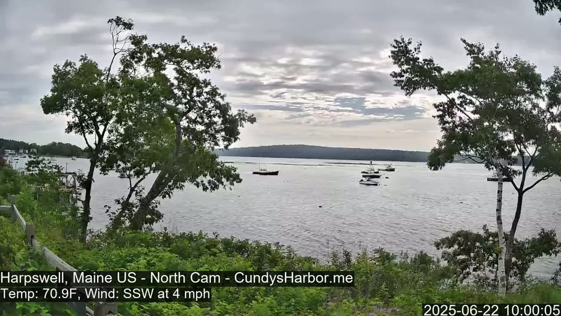 Several boats are anchored in a calm bay under a mostly cloudy sky, viewed from a vegetated shoreline.