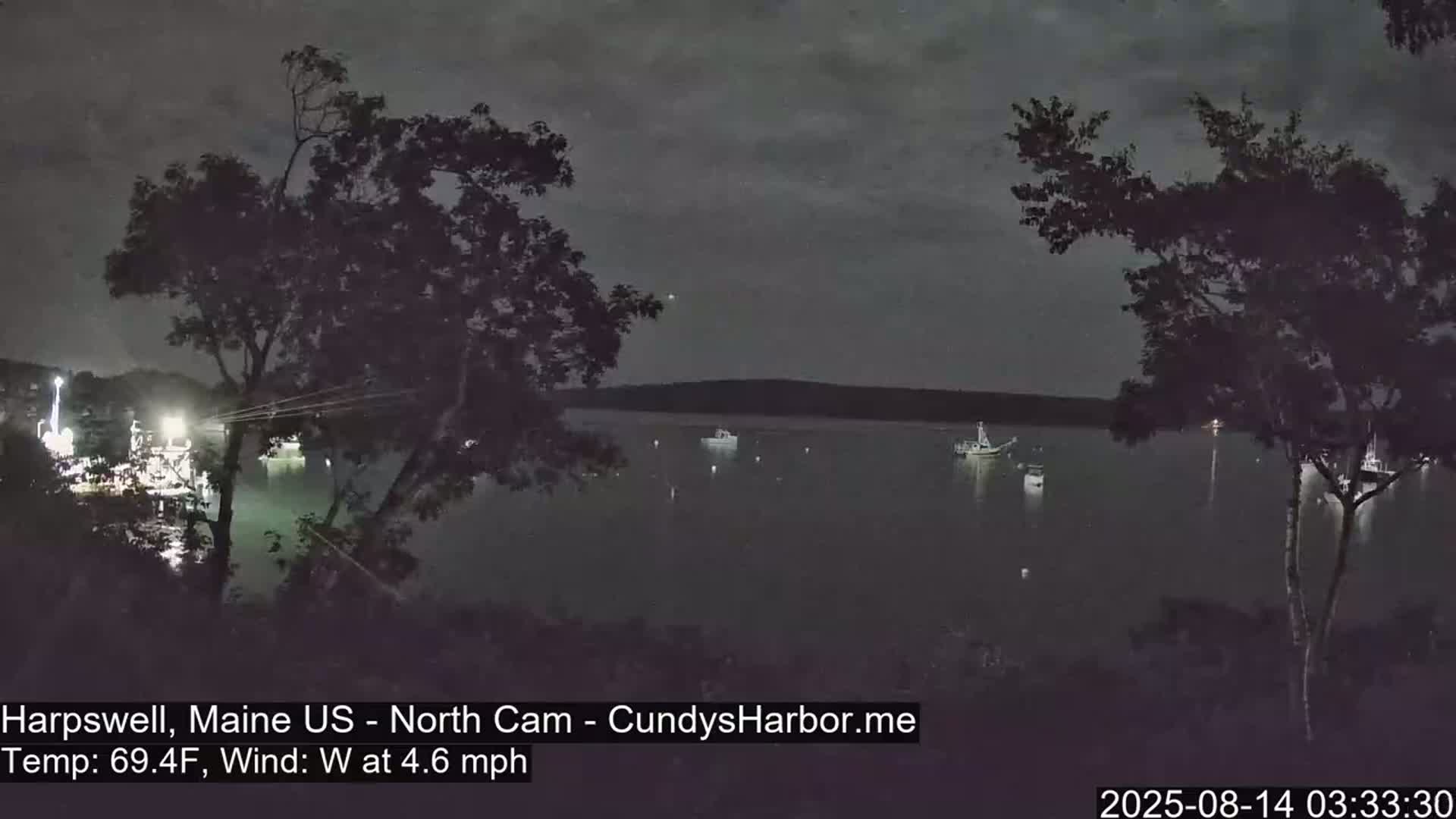 Several boats are moored in a dark body of water at night, under a cloudy sky, with trees in the foreground.