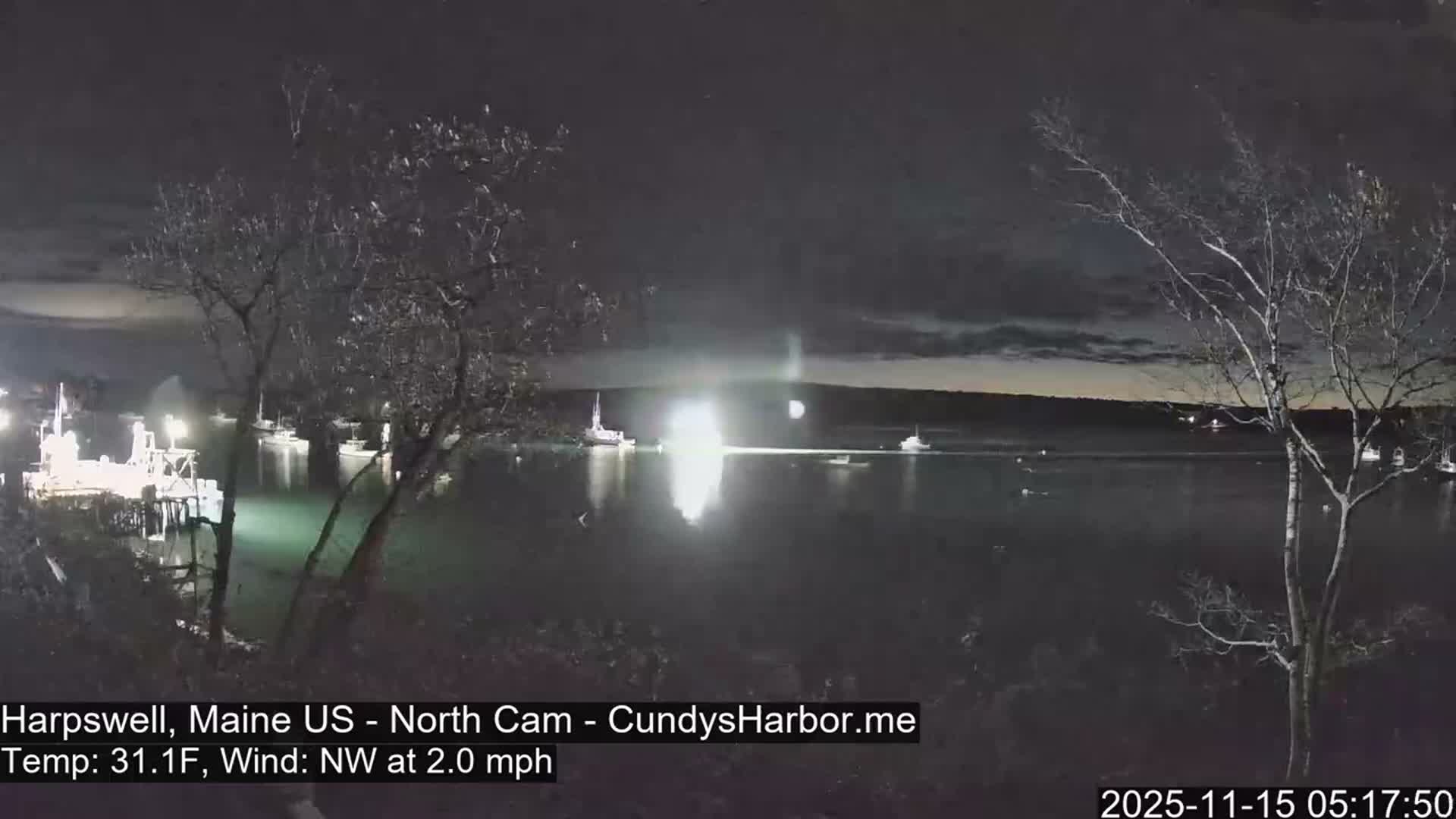A dark, overcast scene depicts a cold harbor with numerous boats, a brightly lit pier, and a prominent light reflecting on calm water, all framed by bare trees.