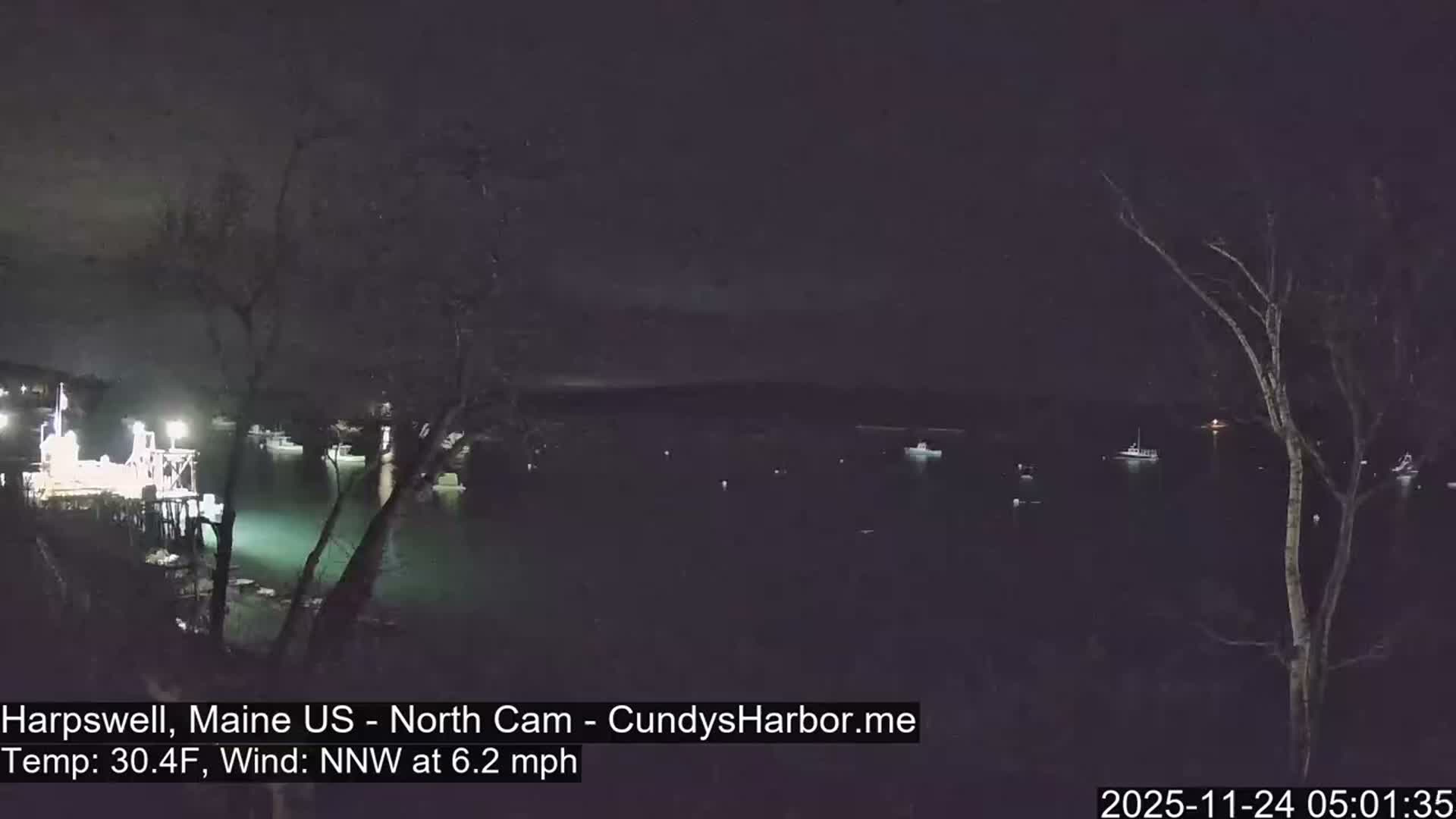 A dark, cold night scene depicts a quiet harbor with several boats anchored in the water, illuminated by a brightly lit dock on the left and the faint glow of distant lights under an overcast sky, with bare trees framing the foreground.