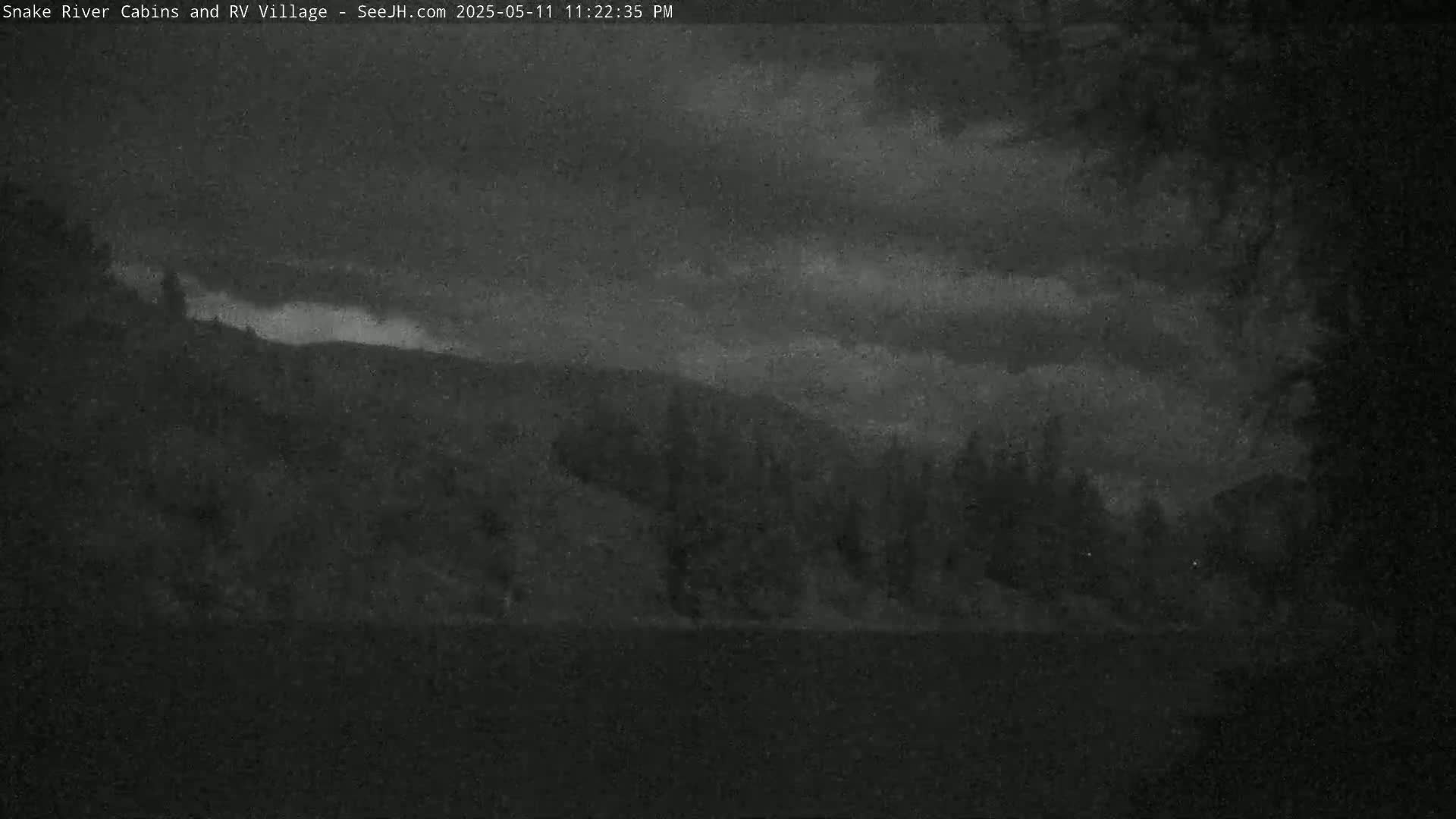 A dark, overcast night scene shows a silhouetted line of trees against a hilly landscape.