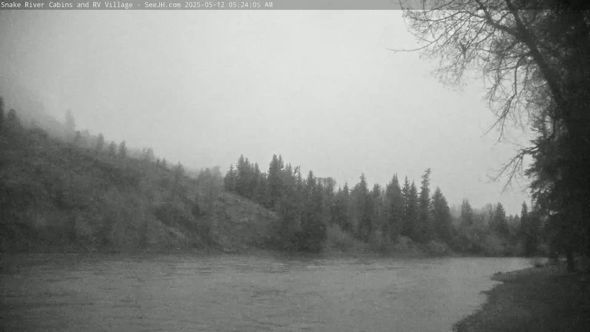 A gray, overcast day reveals a river flowing past a tree-lined bank and a hillside covered in sparse vegetation.