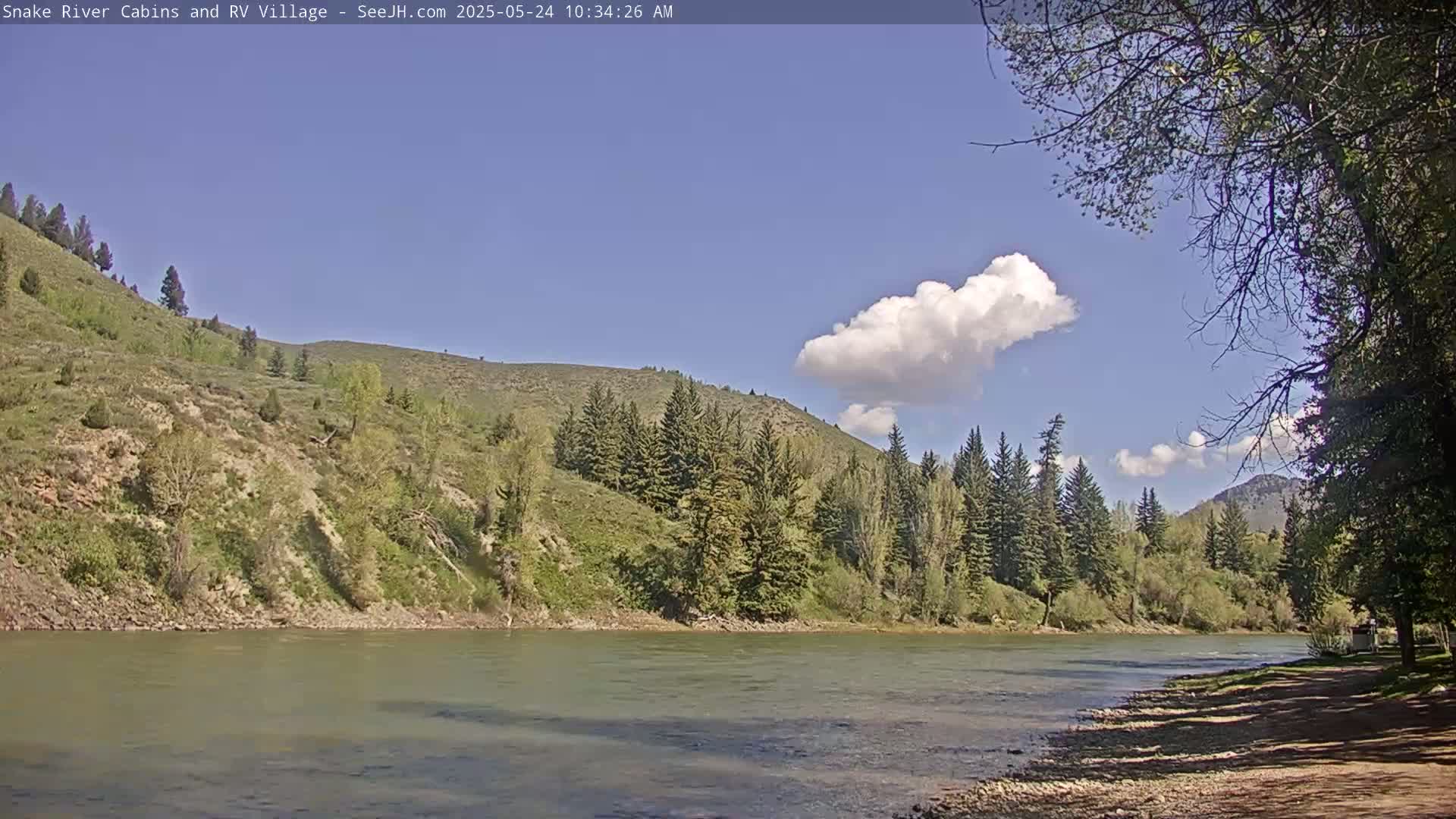 A calm river flows past a rocky, tree-lined hillside under a mostly clear blue sky with a single fluffy cloud.