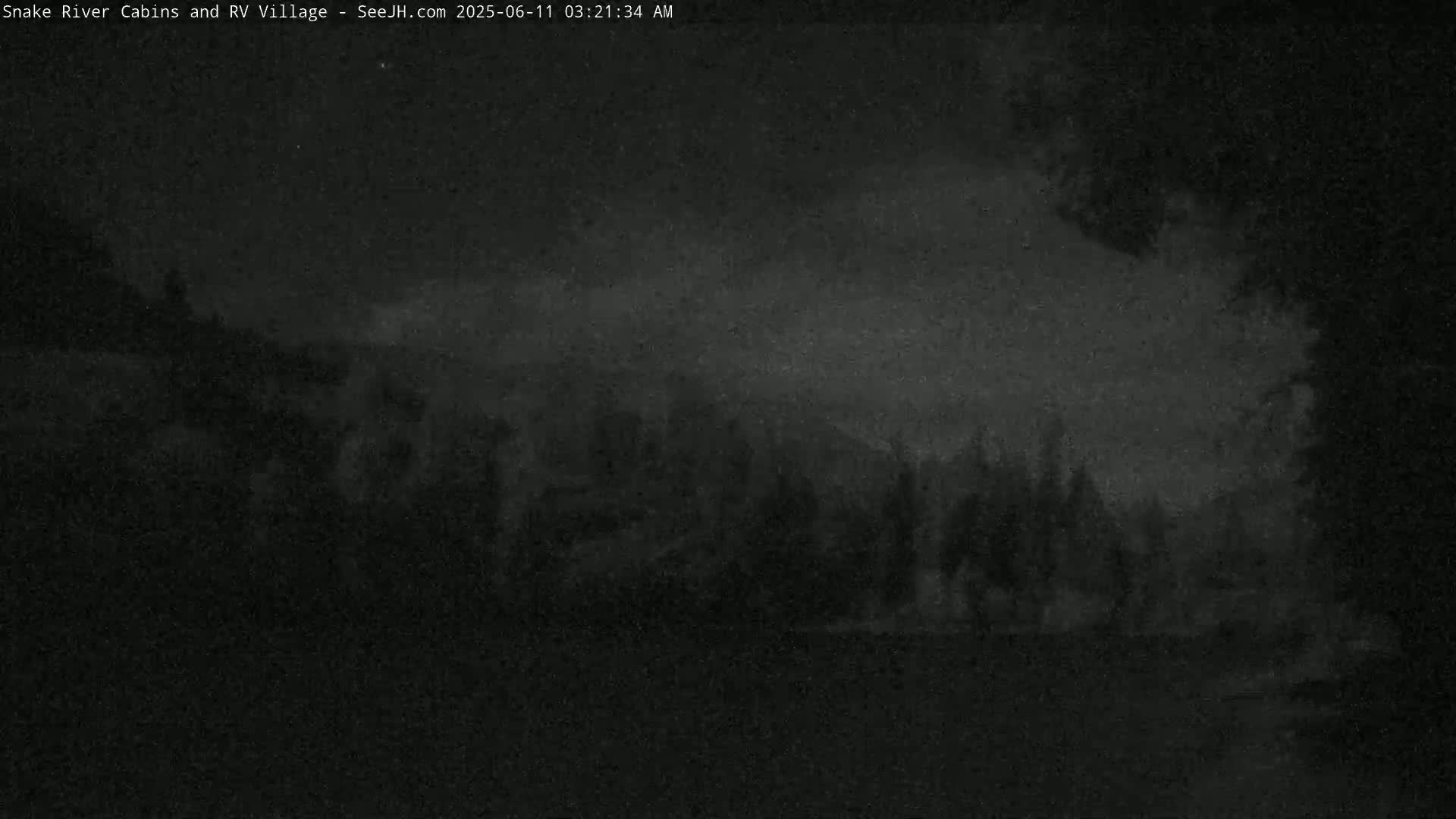 A nighttime, low-light outdoor scene shows indistinct shapes of trees and structures under a dark, cloudy sky.
