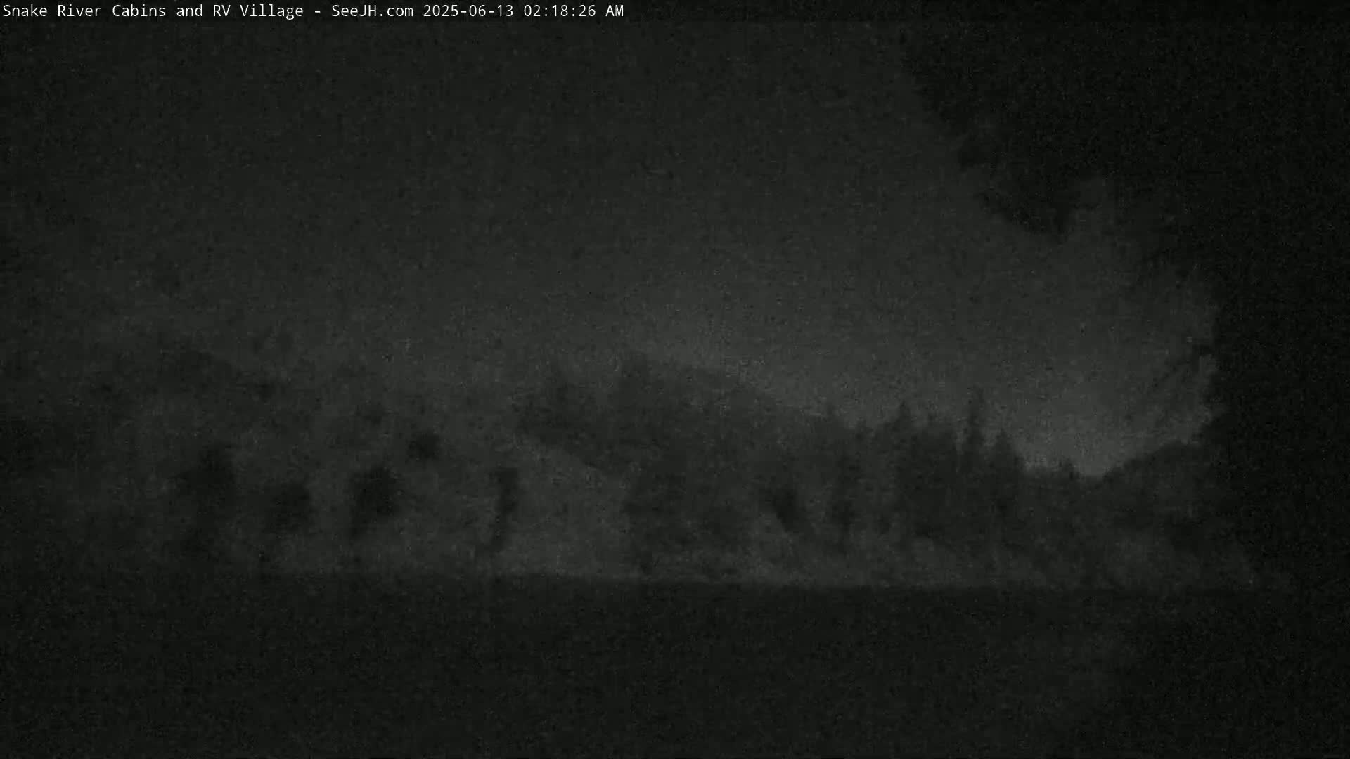 A nighttime, low-light image shows a dark, indistinct landscape with a suggestion of trees and a hazy or foggy sky.