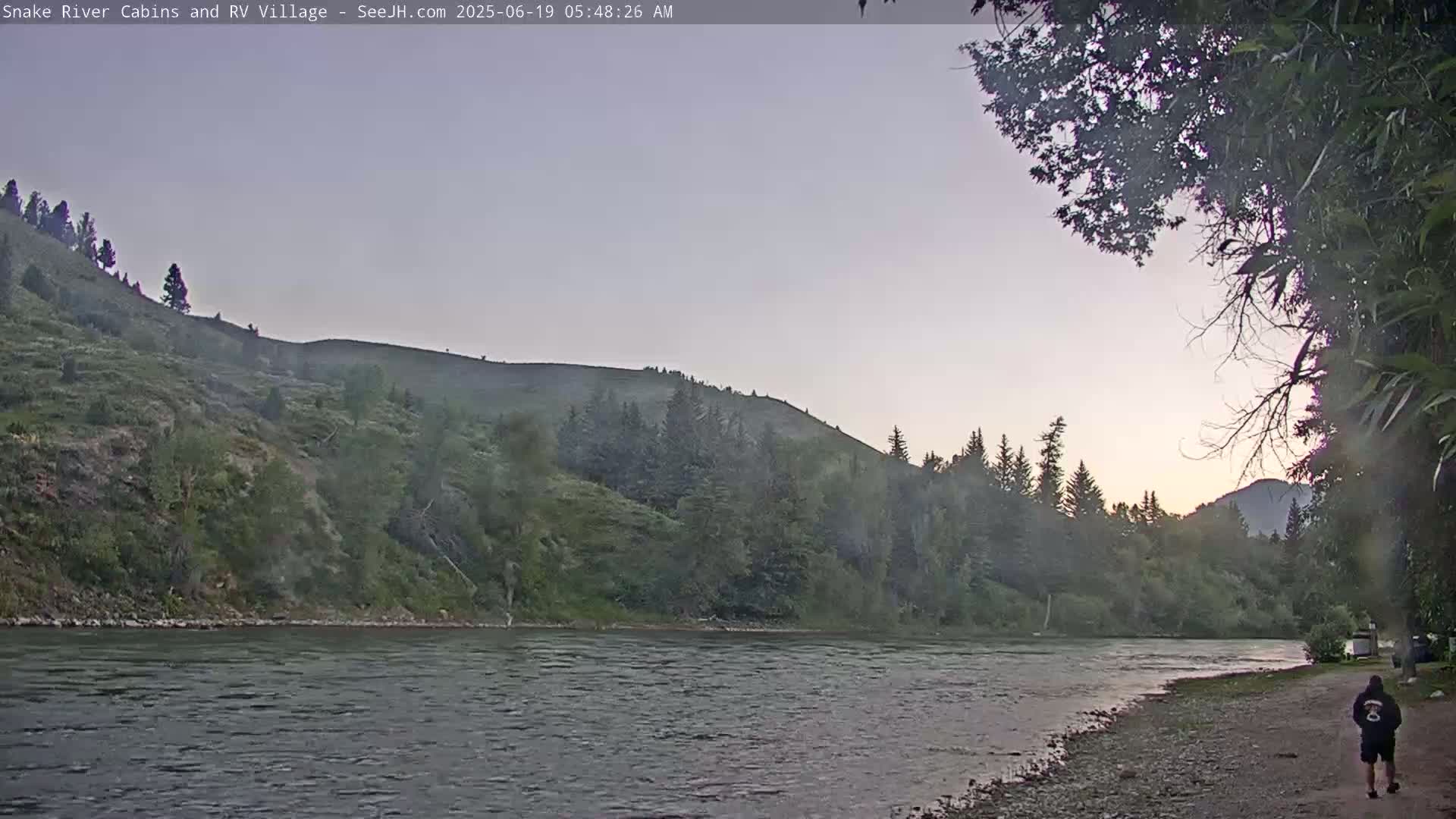 A person walks along a gravelly riverbank at dawn, beside a calm river flowing past green hills and coniferous trees under a pale sky.