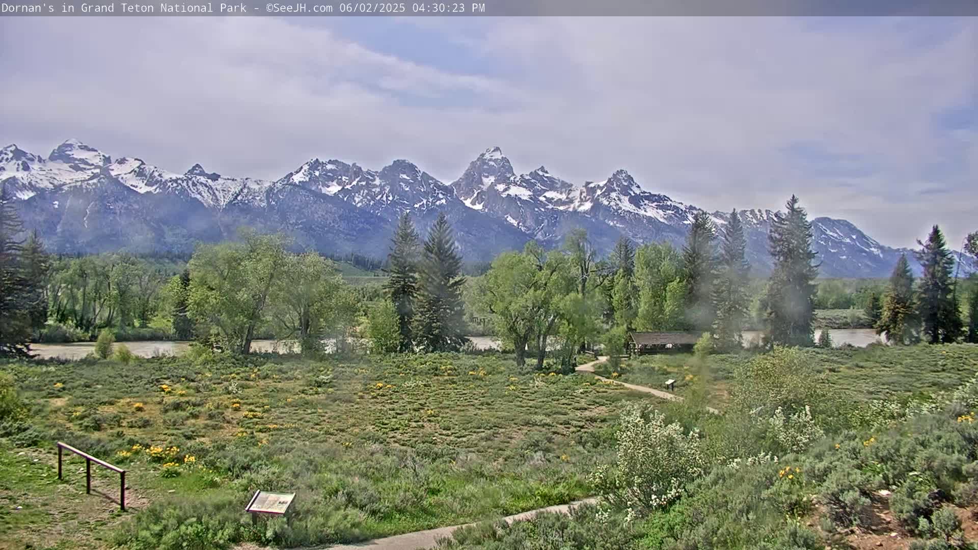 A partly cloudy day shows a view of a verdant valley with a river, trees, and wildflowers, all in front of a snow-capped mountain range.