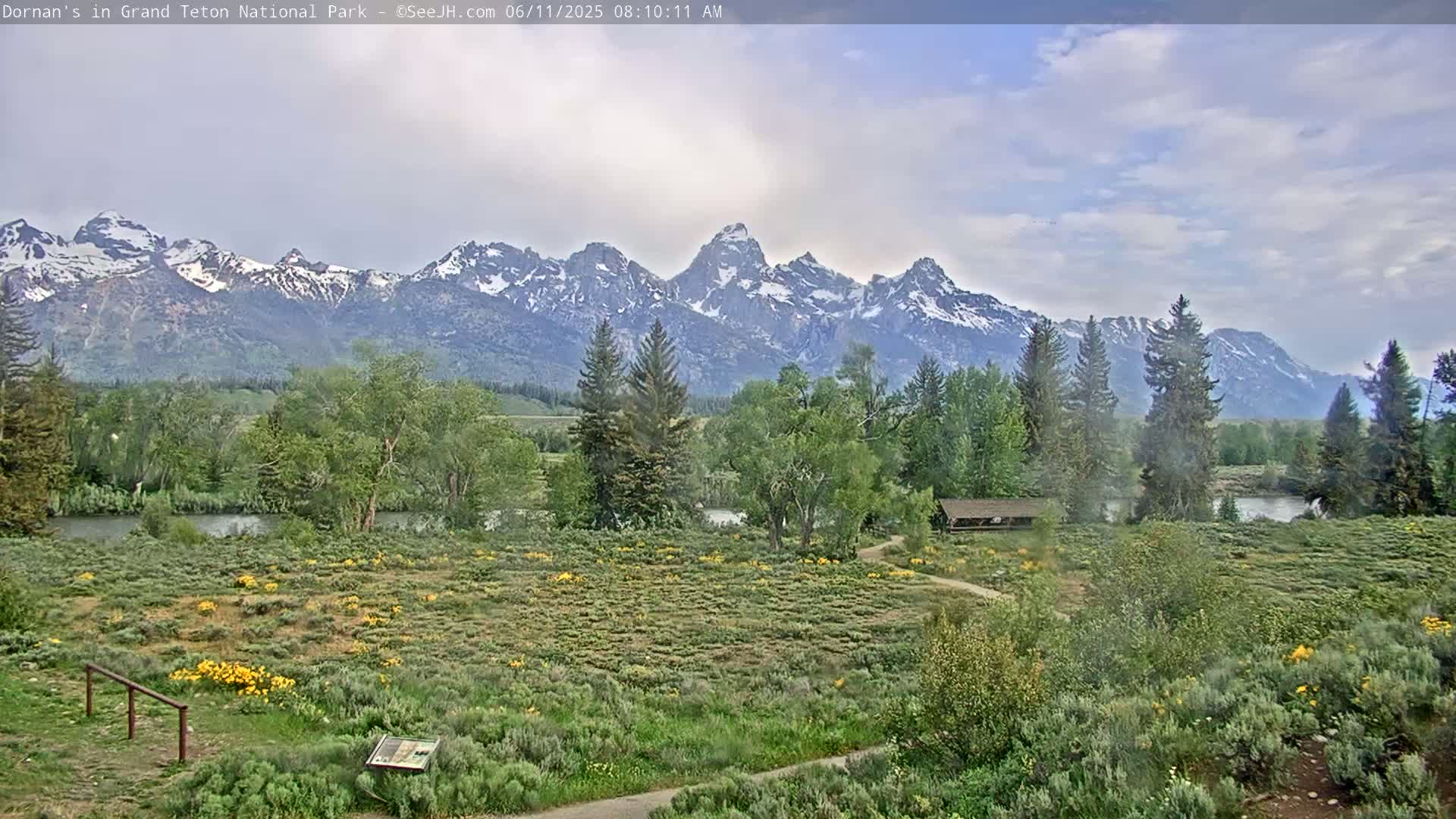 A partly cloudy day reveals a picturesque landscape of a verdant valley with a river, bordered by trees and flowering shrubs, all set against a backdrop of snow-capped mountains.