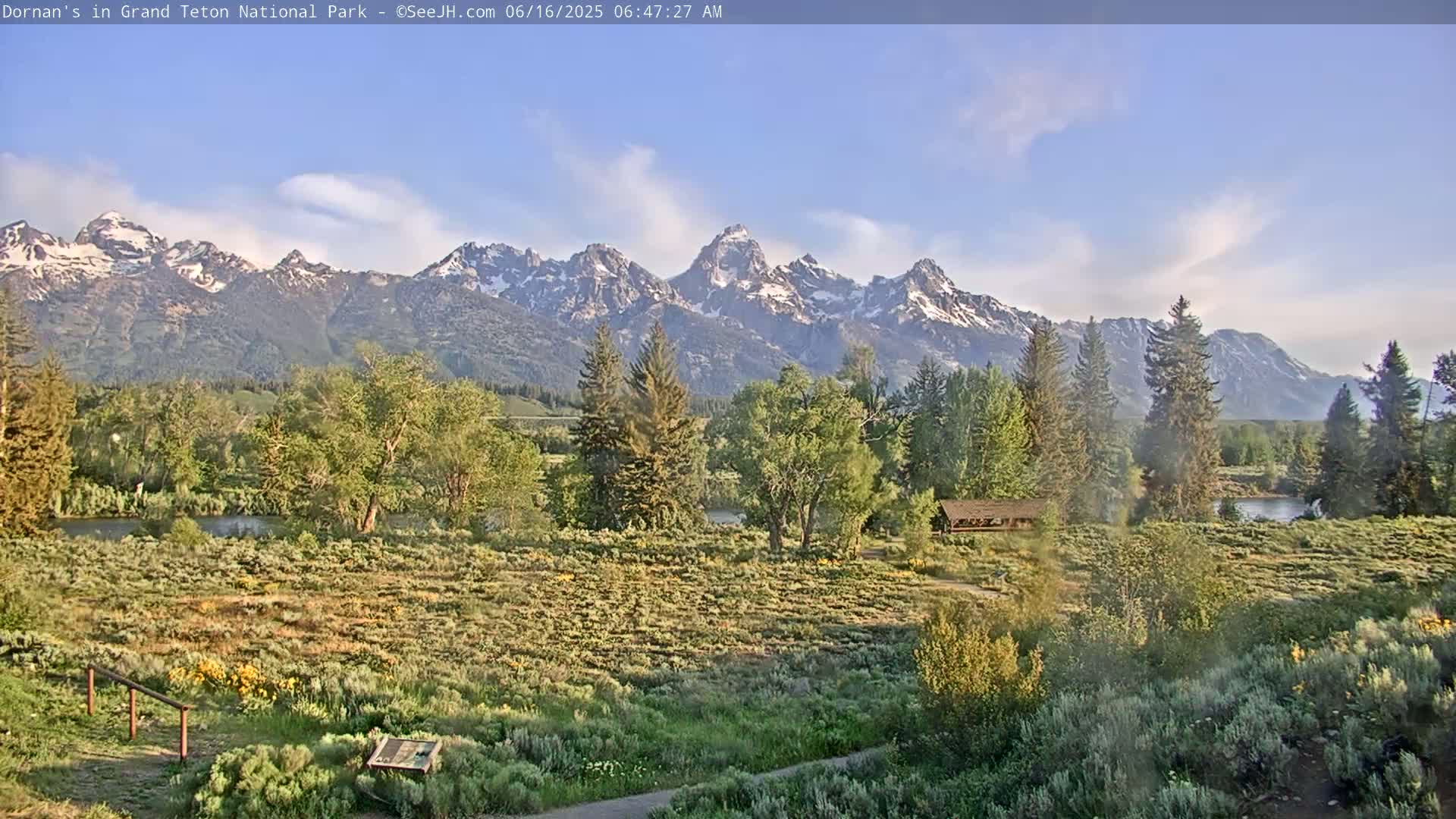 A partly cloudy morning reveals a snow-capped mountain range in the distance, behind a flat expanse of green and yellow vegetation, trees, and a calm river.