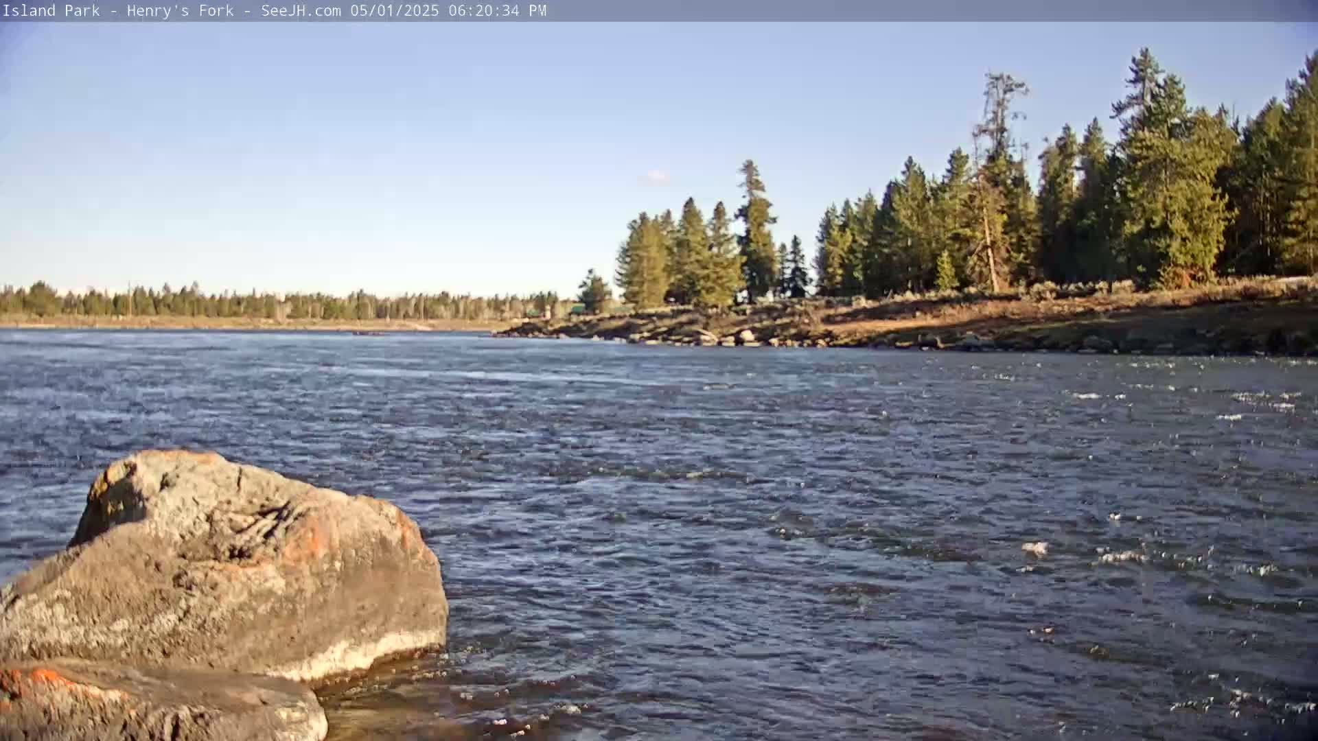 A rocky riverbank with a large, gray rock in the foreground overlooks a flowing river under a clear, sunny sky, and a line of evergreen trees stands on the opposite bank.