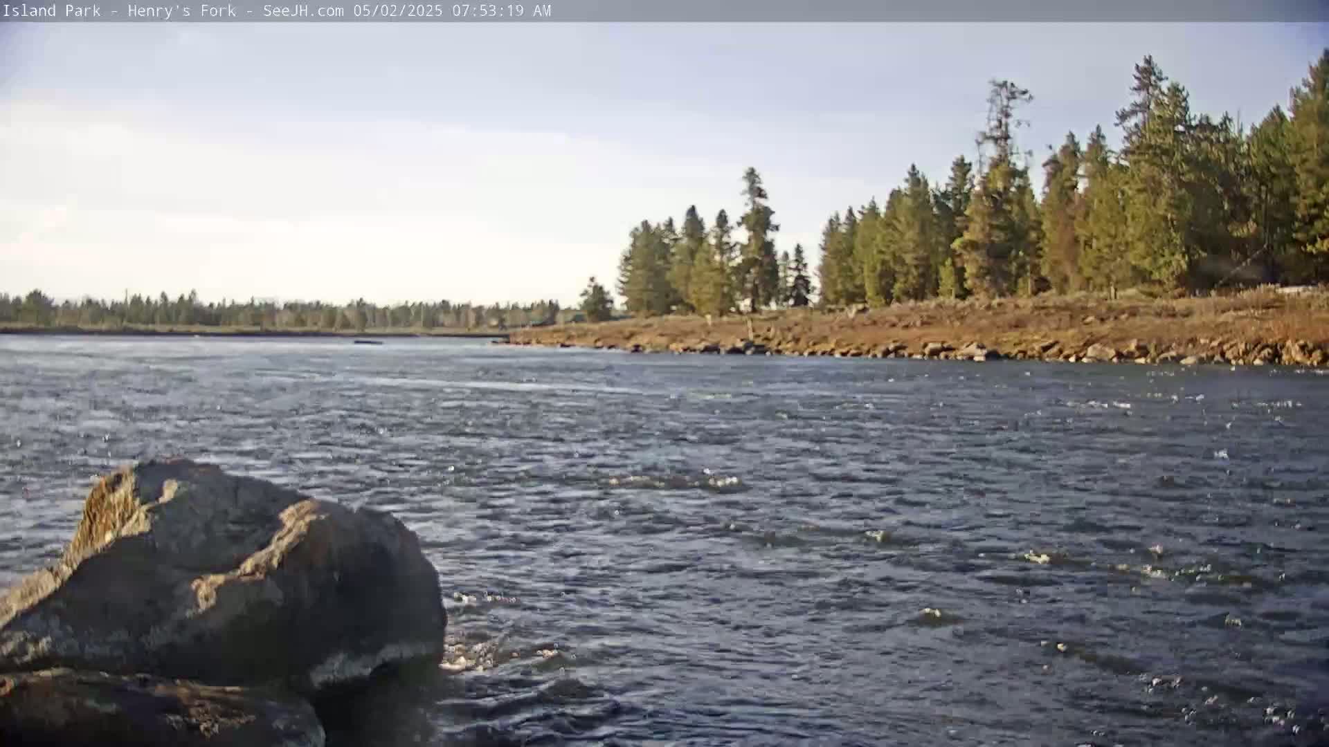 A rocky riverbank lined with evergreen trees is visible across a gently flowing river under a mostly clear sky.