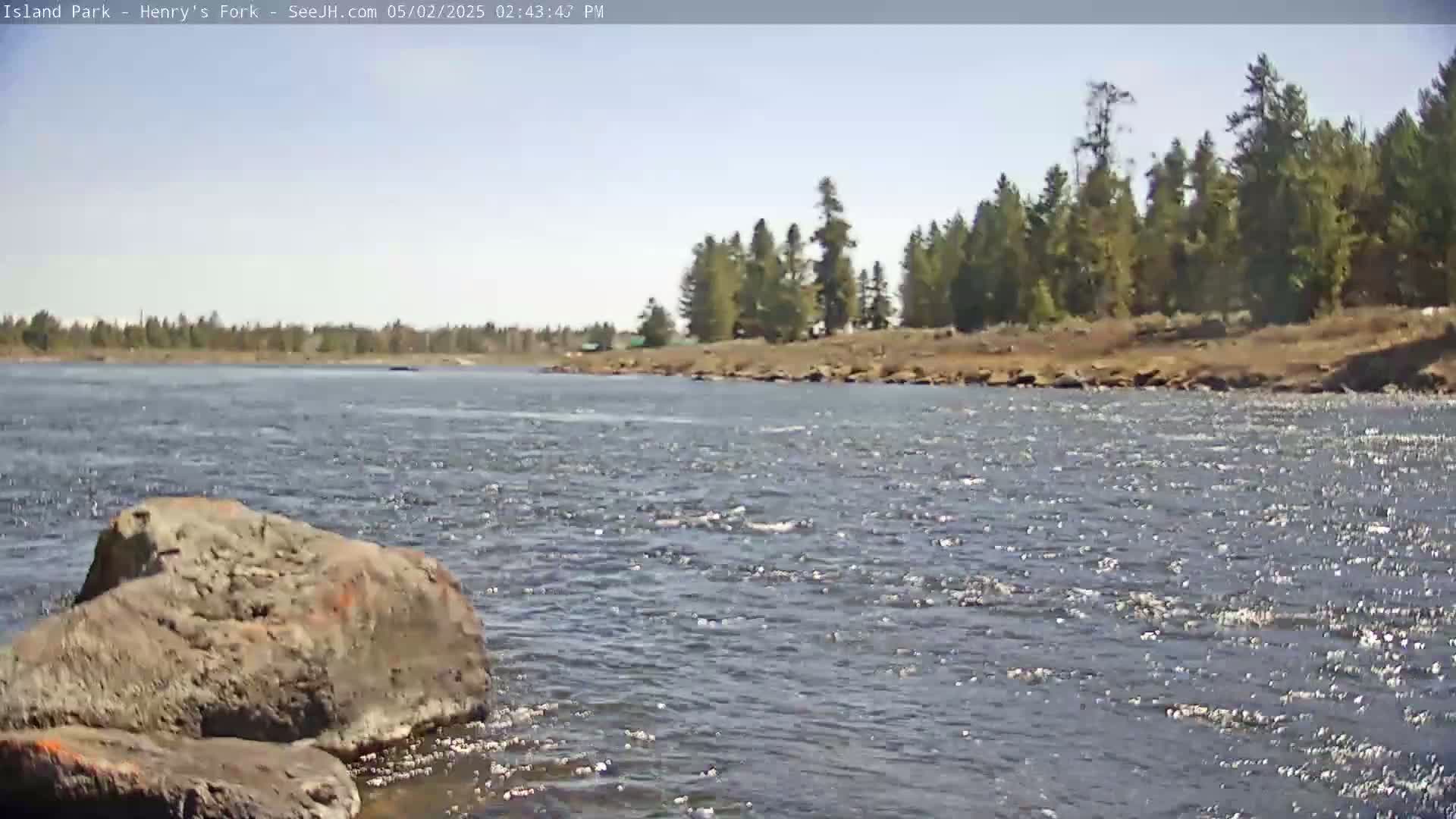 A rocky riverbank with large rocks in the foreground, a flowing river, and a line of evergreen trees under a sunny sky.
