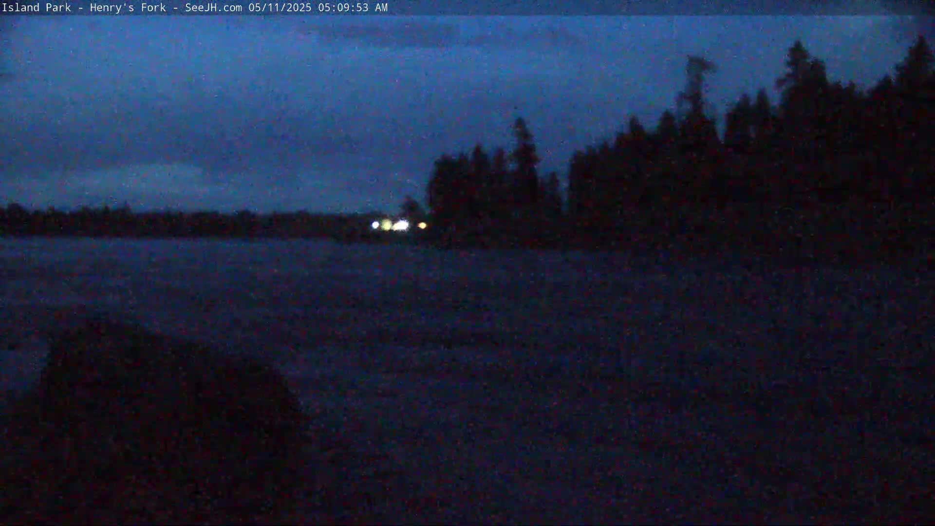A dark, pre-dawn scene shows a body of water reflecting a dusky blue sky, with a silhouetted treeline in the background.