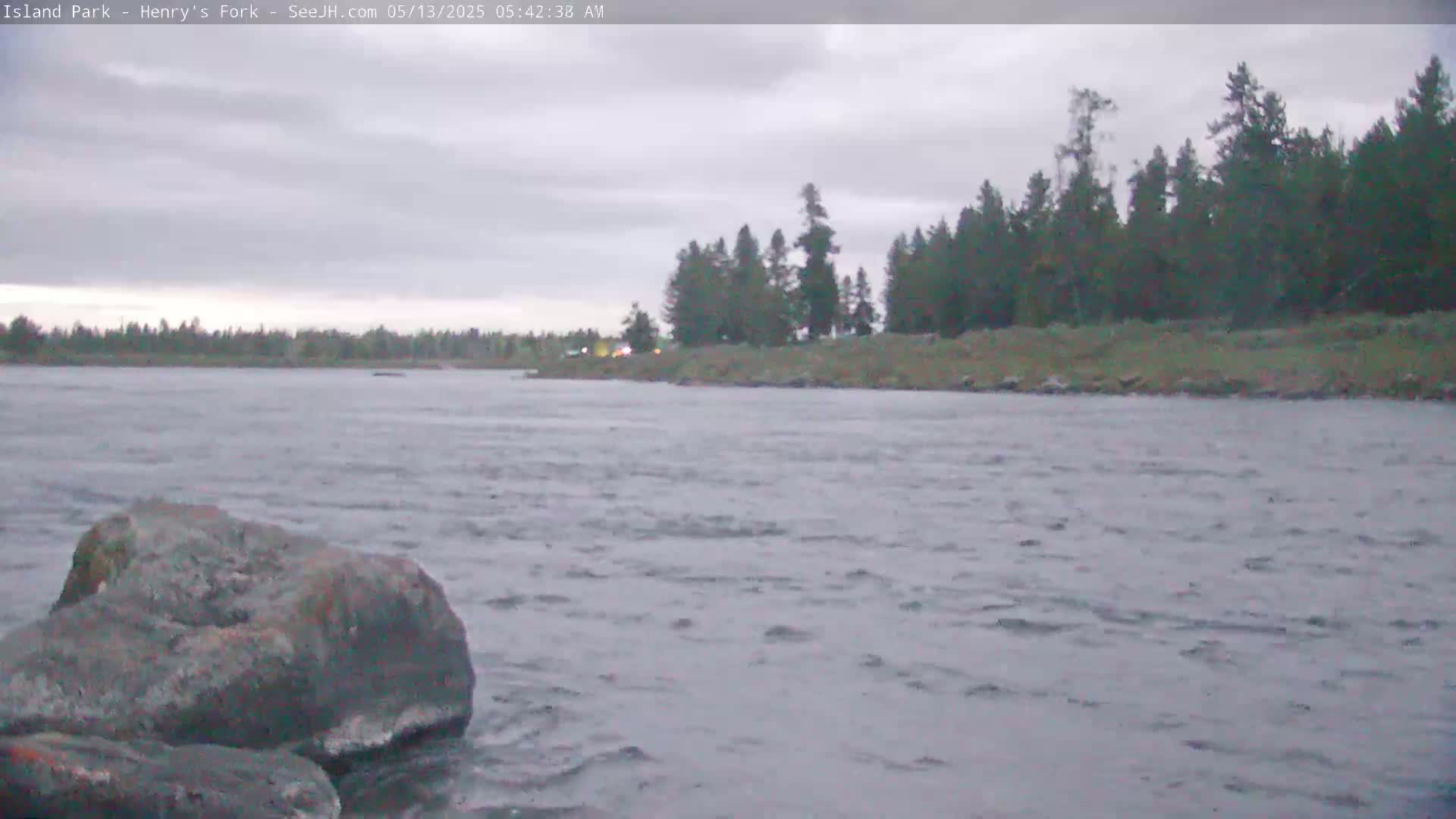A rocky riverbank with a line of evergreen trees is visible across a gently flowing river under an overcast sky.