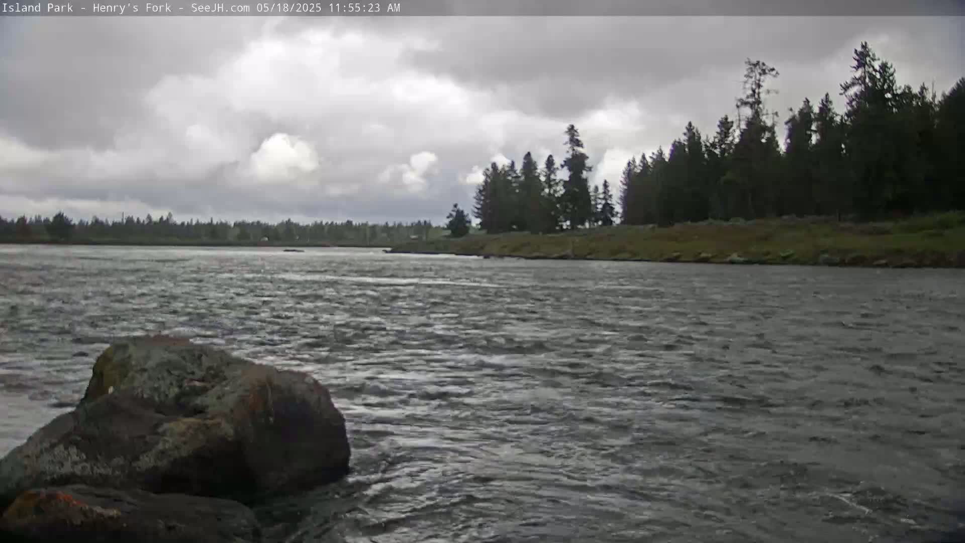 A rocky riverbank with large rocks in the foreground overlooks a wide, choppy river under a cloudy sky, and a line of evergreen trees is visible on the opposite bank.