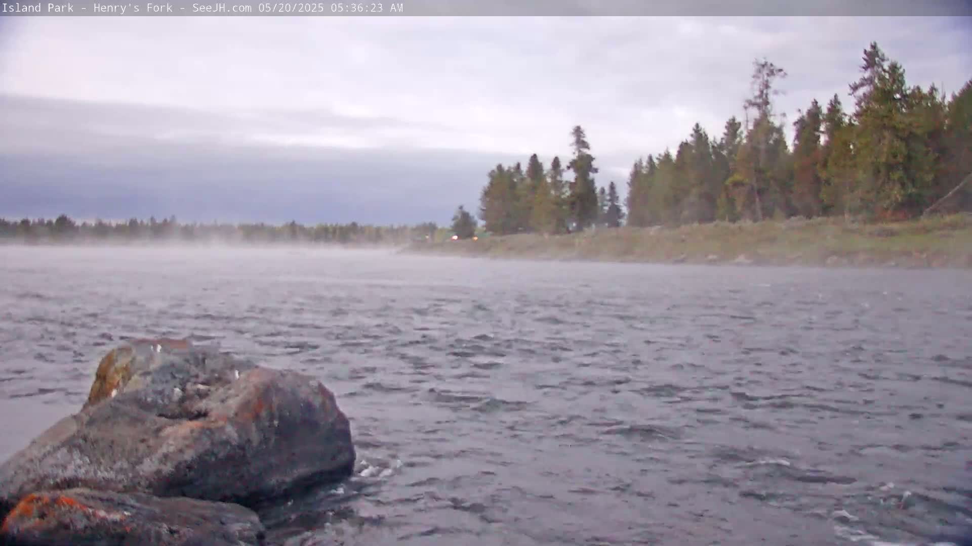 A rocky riverbank with large rocks in the foreground, a mist-covered river flowing into a tree-lined shore under an overcast sky.