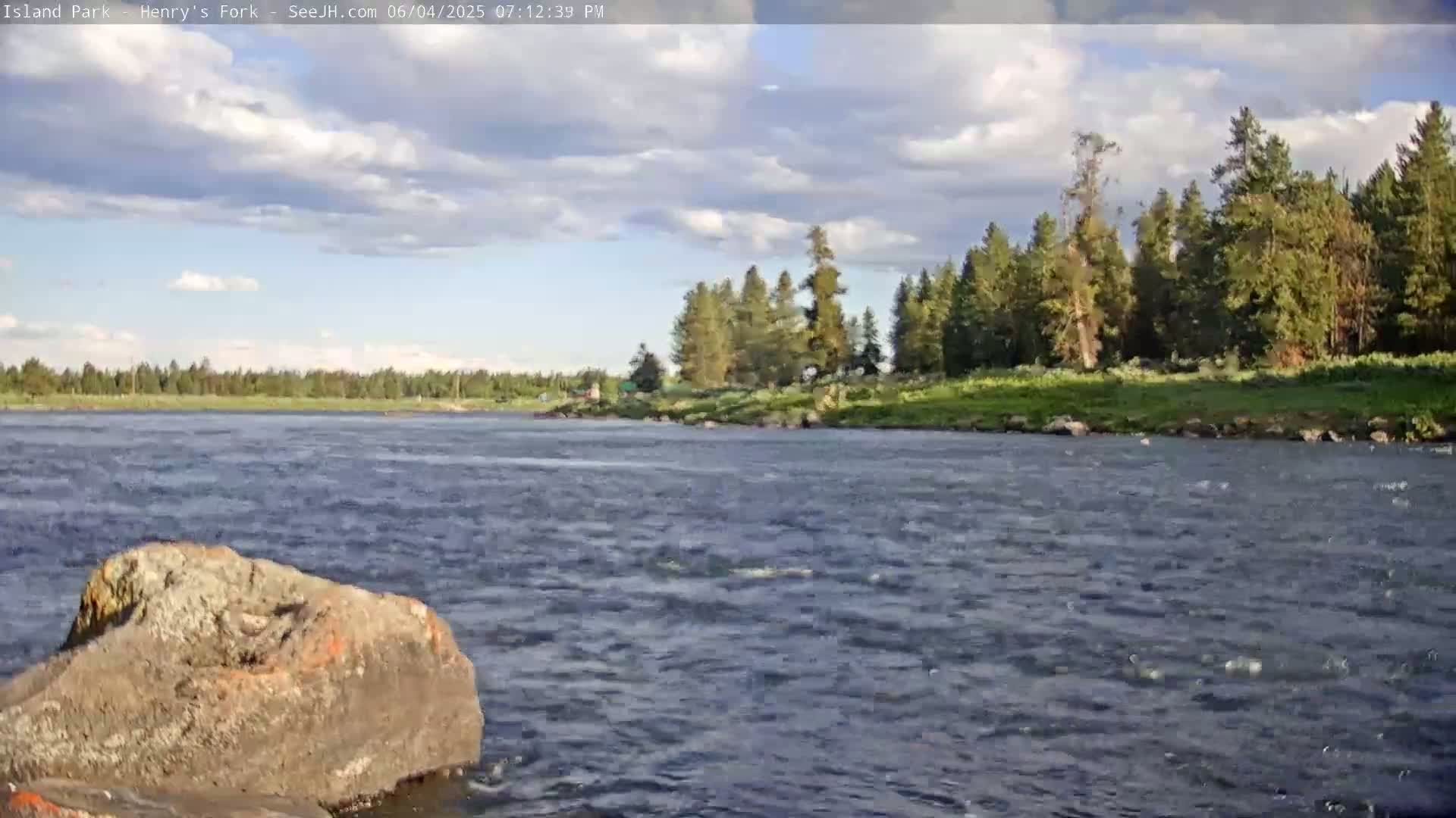 A partly cloudy sky overlooks a swiftly flowing river bordered by a lush green bank lined with coniferous trees.