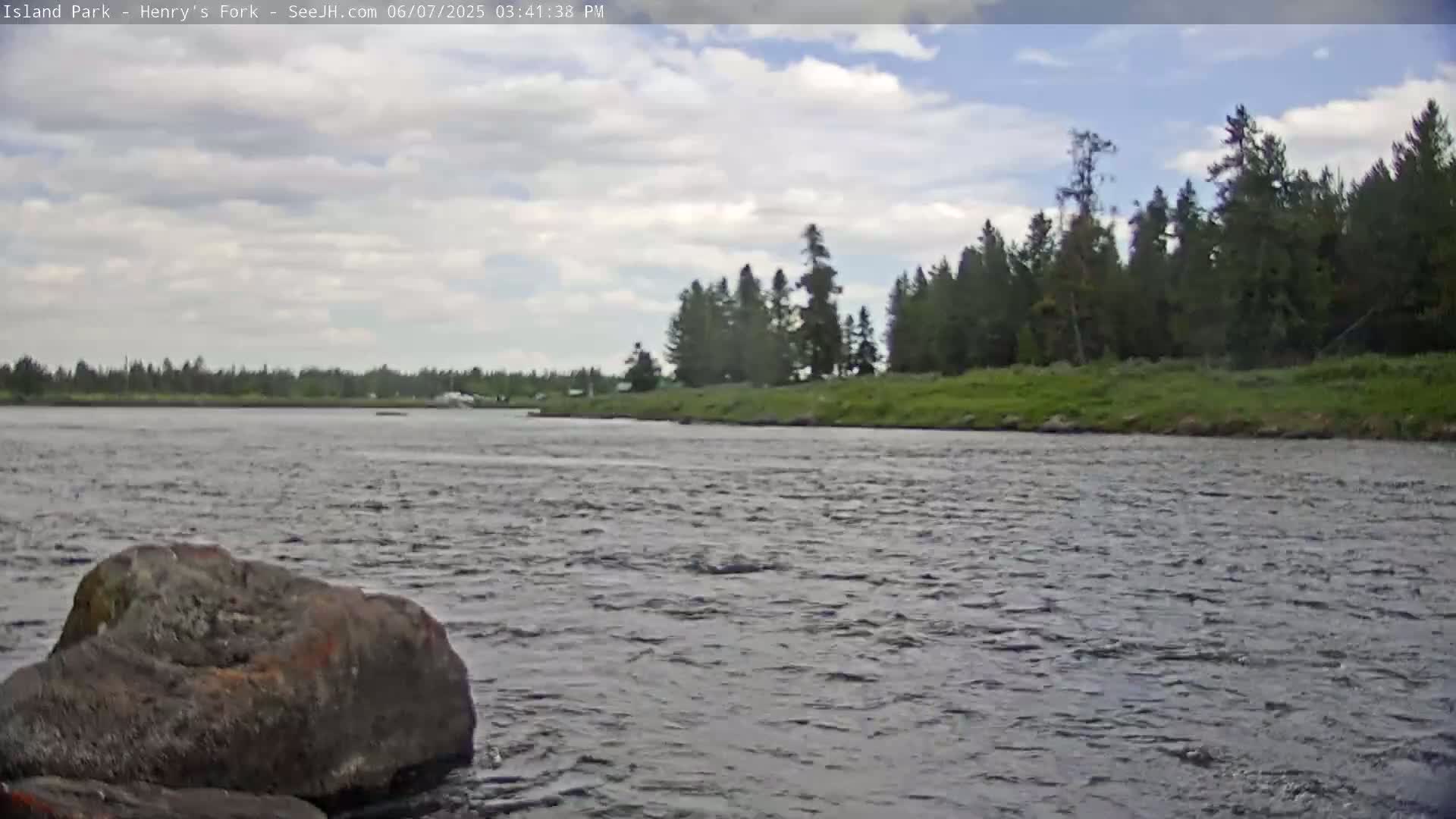 A wide, somewhat choppy river flows past a rocky bank and a shoreline of green grass and coniferous trees under a partly cloudy sky.