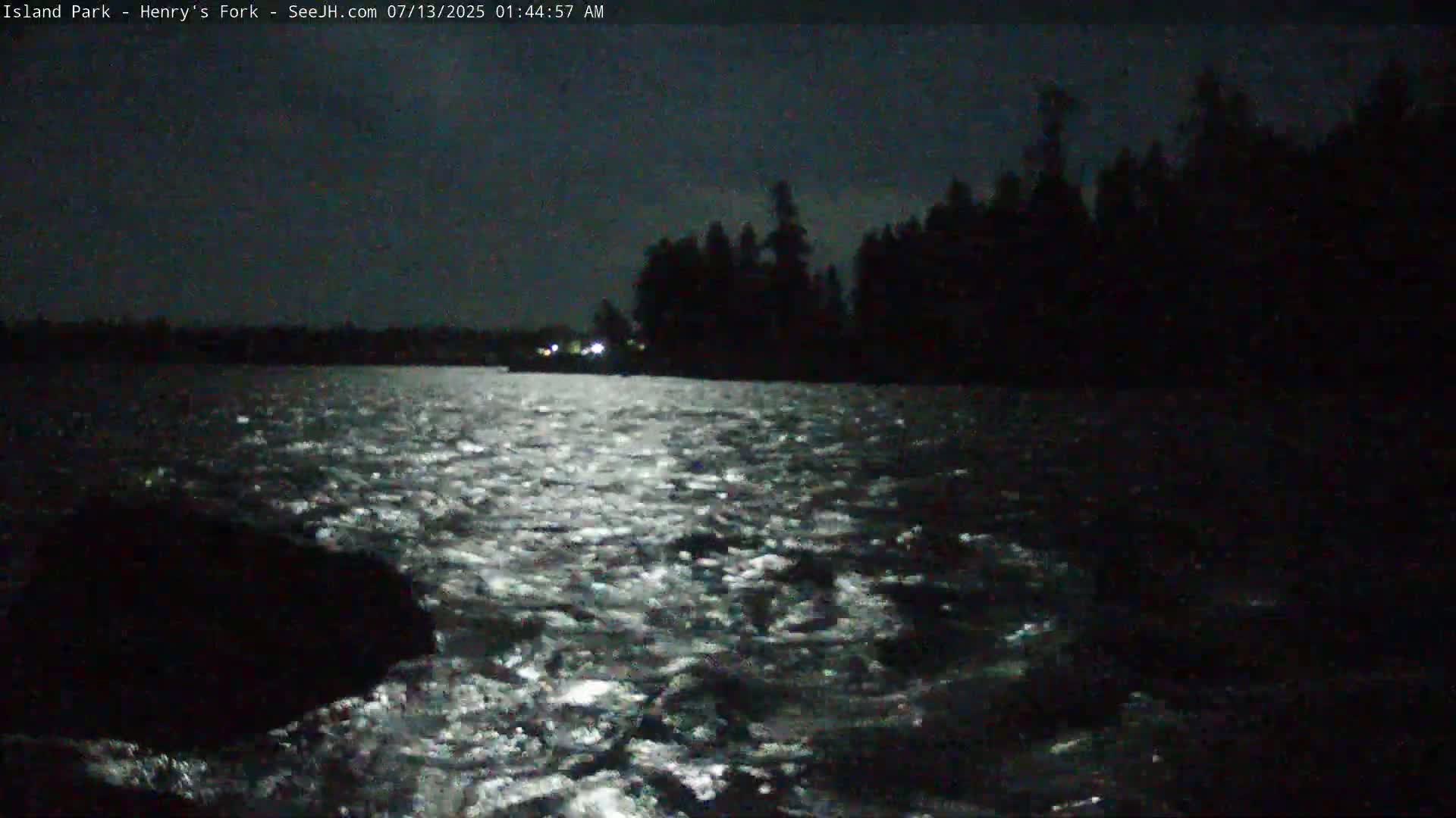 A moonlit body of water reflects light on its slightly choppy surface, with a dark shoreline and trees visible in the distance under a night sky.