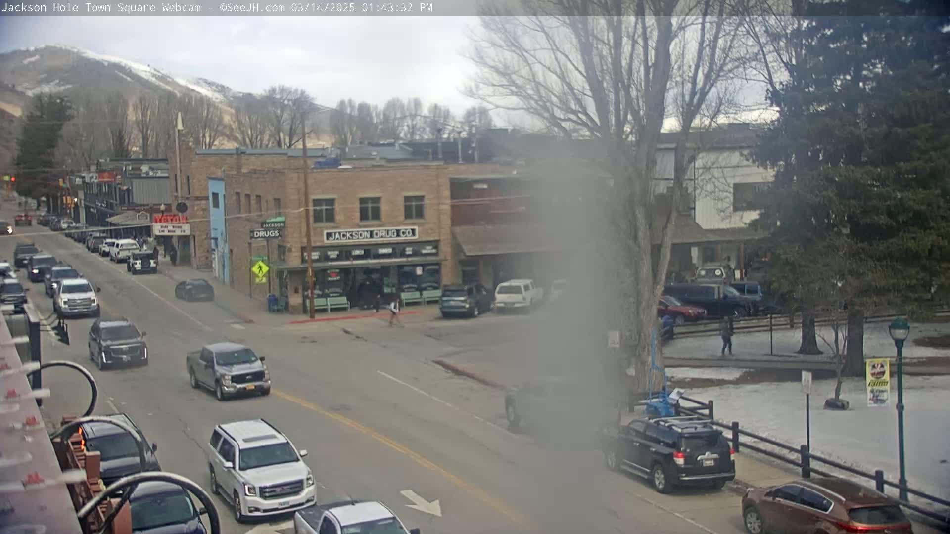 A hazy, overcast day reveals a town square with cars driving on a street lined with buildings, including one labeled "Jackson Drug Co," with snow-capped mountains visible in the distance.