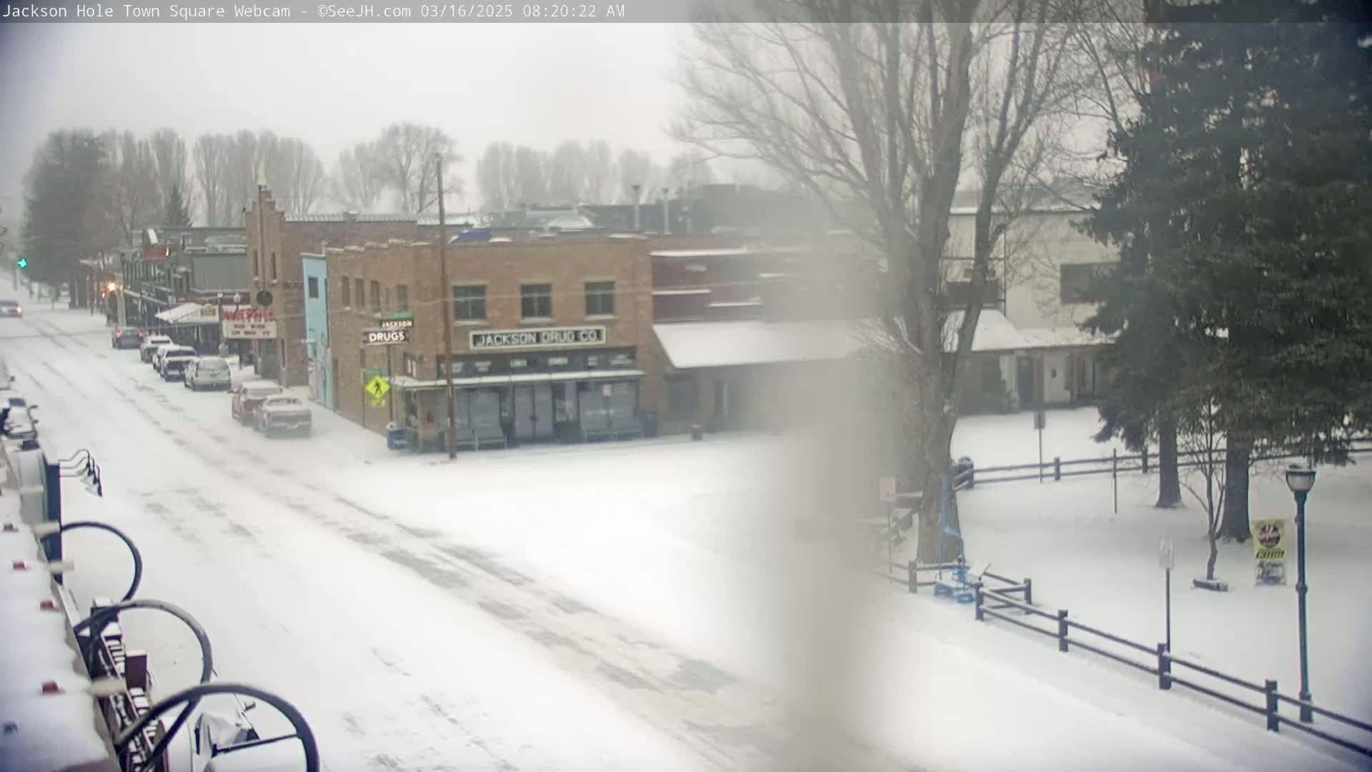 A snow-covered town square with cars parked along a street,  buildings, and trees, during a light snowfall.