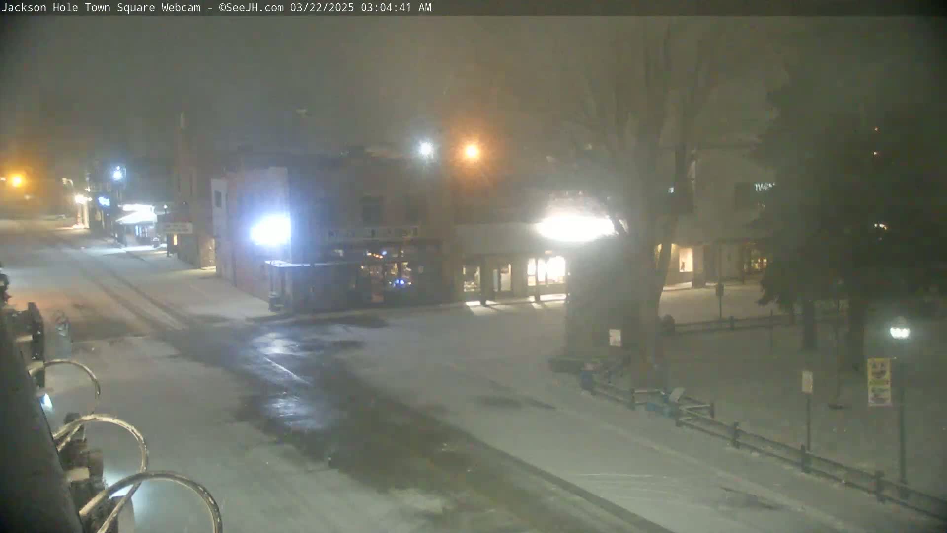 A snow-covered town square at night, illuminated by streetlights and the lights of nearby buildings, with falling snow obscuring visibility.