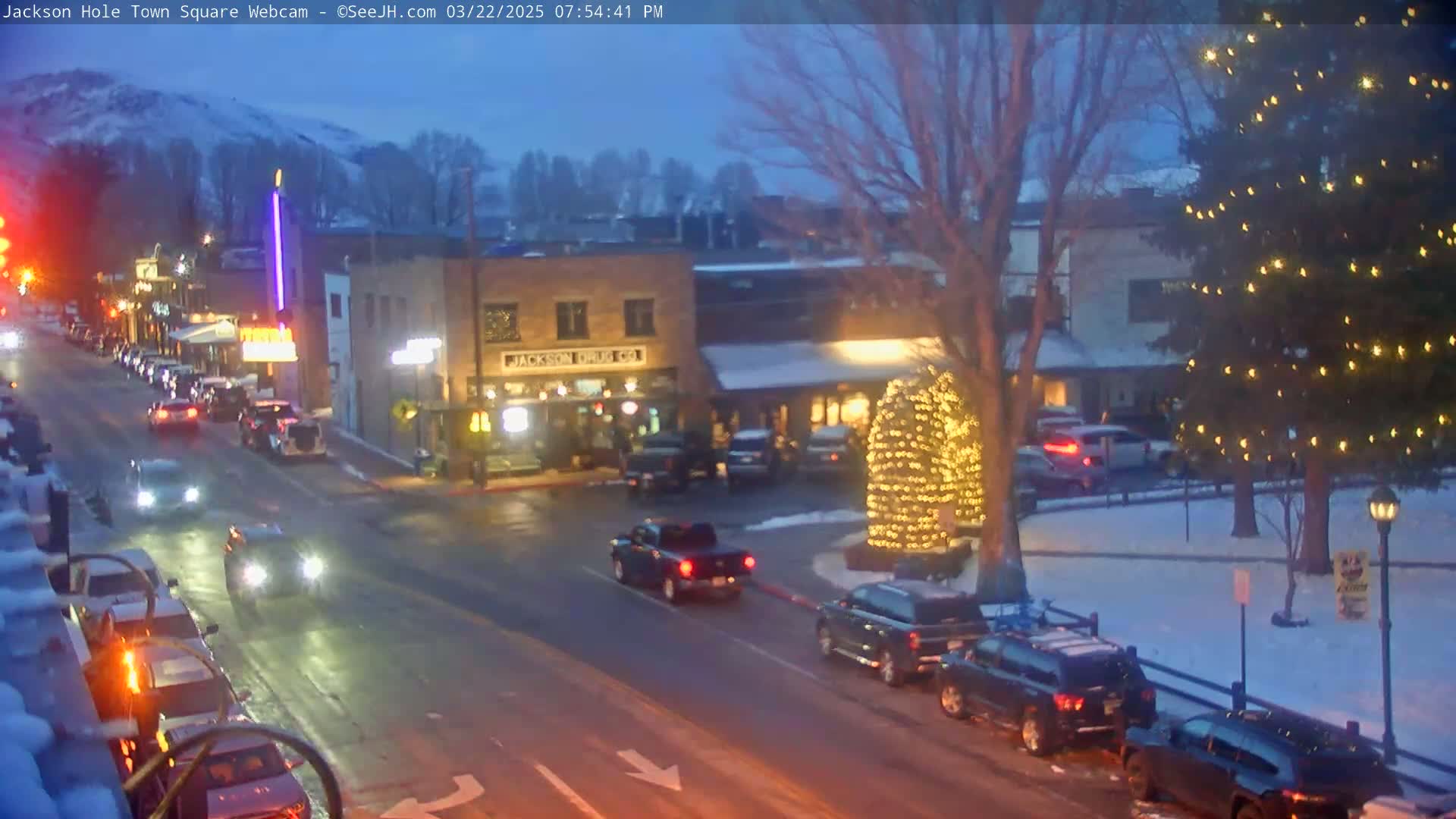 A snow-covered town square at dusk shows cars driving on a street lined with buildings, one of which is decorated with lights, and a large evergreen tree illuminated with lights in the center of the square.